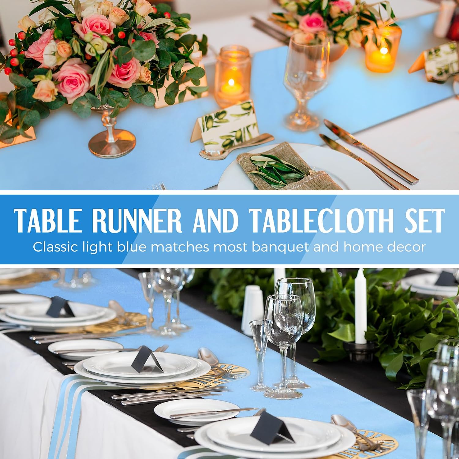 Tudomro 12 Pcs White and Blue Disposable Plastic Tablecloths and Satin Table Runner Set, 54 x 108 Inch Tablecloth, 12 x 108 Inch Table Runners for Wedding Baby Shower Birthday Party