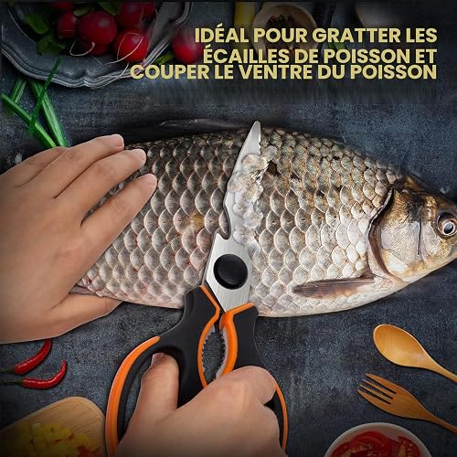 Vitalismo Ciseaux de Cuisine Professionnel Multiusage - Ciseau Cuisine en Acier Inoxydable Lame Tranchante Protège-lame Poignée Antidérapante pour Viande Volaille Poisson Poulet Pizza Grille Os Noix - 4