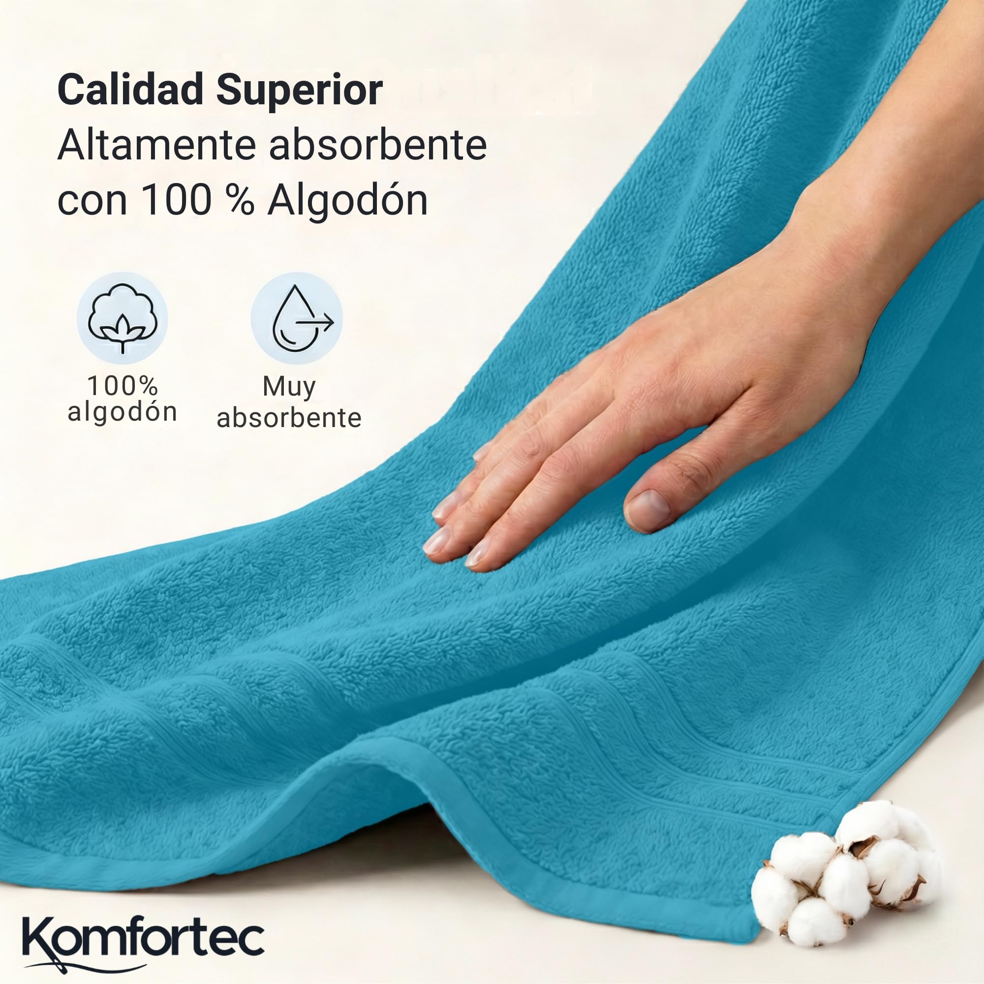 Komfortec Juego de Toallas 8 Piezas | 4 Toallas de Baño 70x140 cm y 4 Toallas 50x100 cm, 100% Algodón, Suaves y Absorbentes, OEKO-TEX, Azul Petróleo / Turquesa