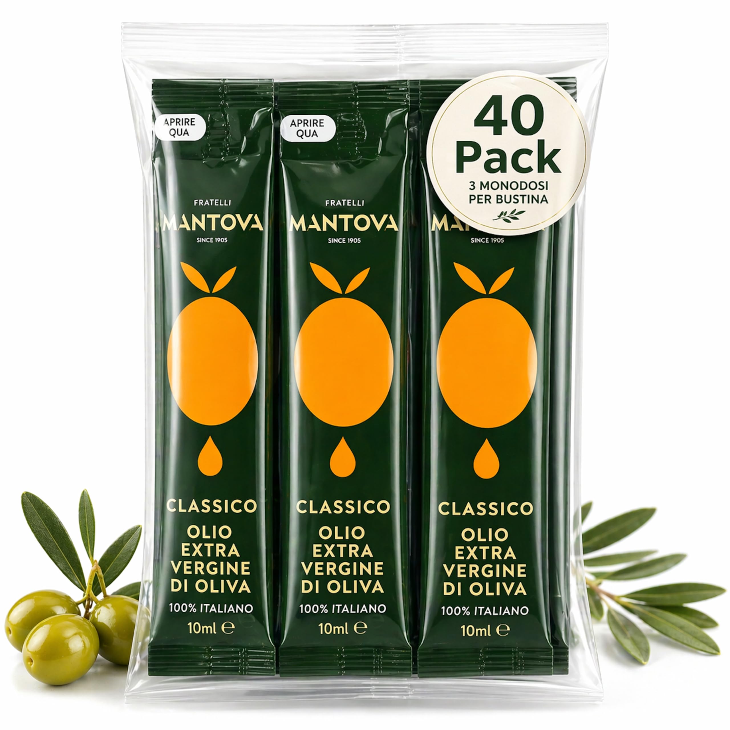 Mantova Olio Extra Vergine di oliva italiano Monodosi 40 x 3 (tot 120) da 10 ml ciascuna – tot 1200 ml, superiore, fruttato, amaro piccante, flow pack pratico per ristorazione, uffici, catering