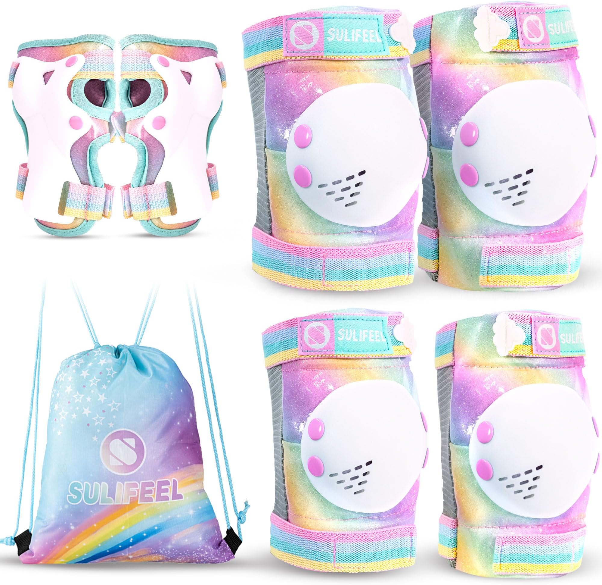 Rainbow Unicorn Knee Pads for Kids Knee Elbow Pads Wrist Guards with Drawstring Bag Adjustable Protective Gear Set for Girls Roller Skating Bike Cycling Skateboard Scooter Dazzling Small