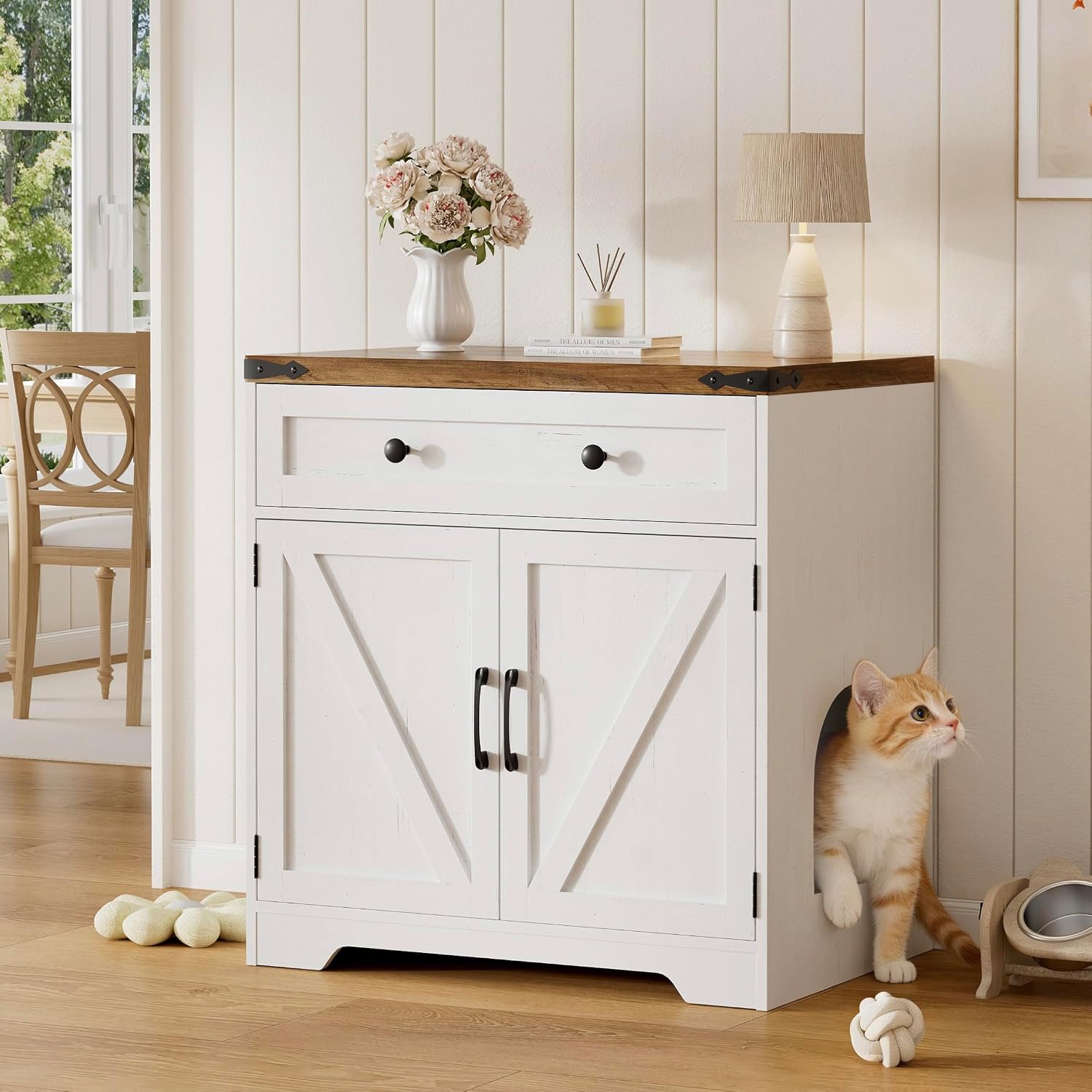 Cat Litter Box Enclosure, 31.5" Hidden Litter Box Furniture with Storage Drawer, Barn Door, Farmhouse Wooden Cat Box Enclosure, Litter Box Cabinet, Side Table, Antique White & Brown