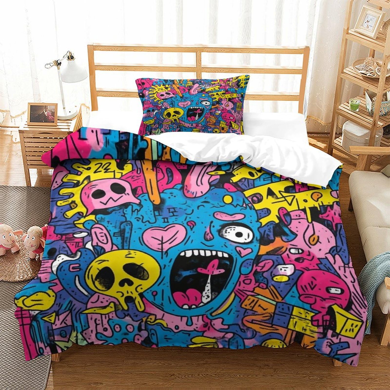 LILIlaobiao Graffiti Luxe Duvet Cover Set Hidden Zipper Doodles Quilt Cover Set with Pillowcases Bedding Set Soft Microfiber Comforter Cover for Kids & Adults Single（135x200cm）