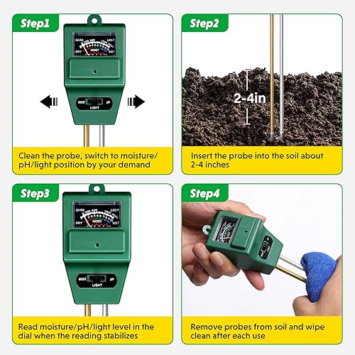 Miniatura 5 de iPower Paquete de 4, 3 en 1 probador de humedad, luz y pH del suelo, kit de cuidado de plantas para el hogar, jardín, césped, granja, uso en