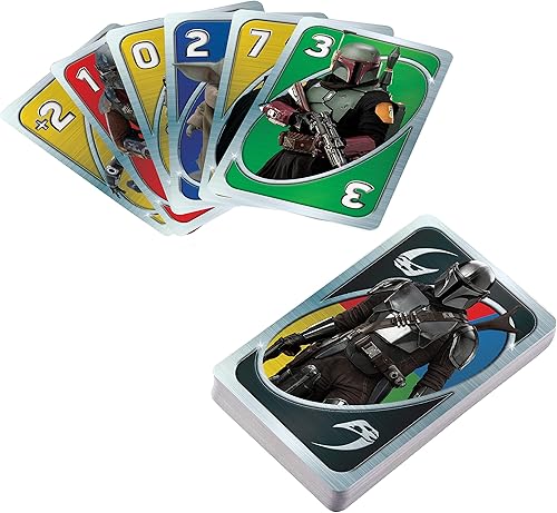 Vista 3 de UNO Star Wars The Mandalorian en lata de almacenamiento, cubierta temática y regla especial, regalo para niños, adultos y noches de juego
