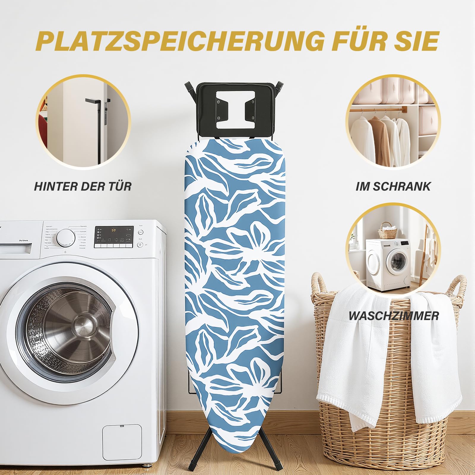 STANEW Bügelbrett 122 x 38 cm,Klappbares Bügelbretter Bügeltisch für Dampfbügeleisen,Sicherheitsschließsystem,höhenverstellbar,Integriertem Eisenständer(Indigo-Farbstoff)
