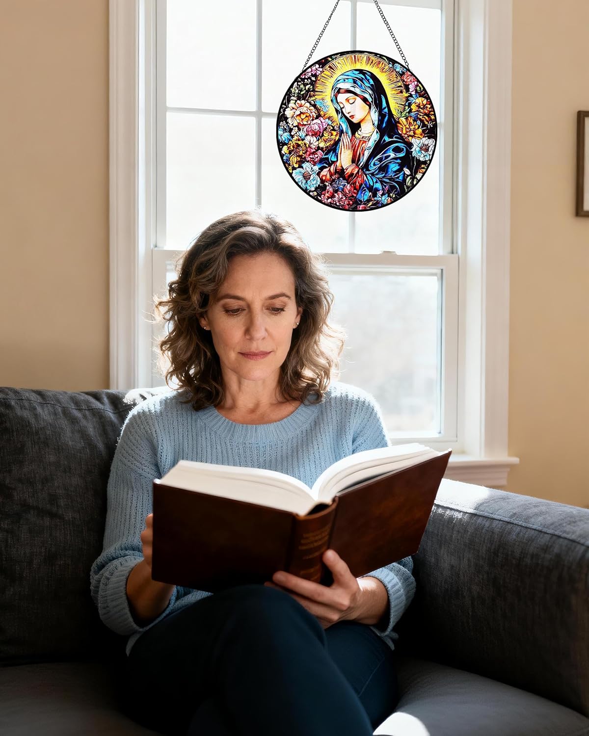 Virgin Mary & Flowers Stained Glass Window Hanging - 8" Round for Catholic Women, Religious Suncatcher for Indoor Window, Spiritual Birthday/Bereavement Gifts for Women - Image 7