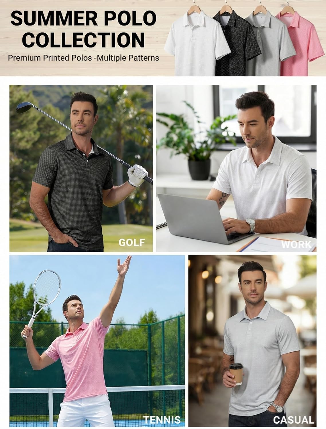 Men's Golf Polo Shirts Short Sleeve Moisture Wicking Dry Fit Performance Print Patterns Collared Polo Shirt