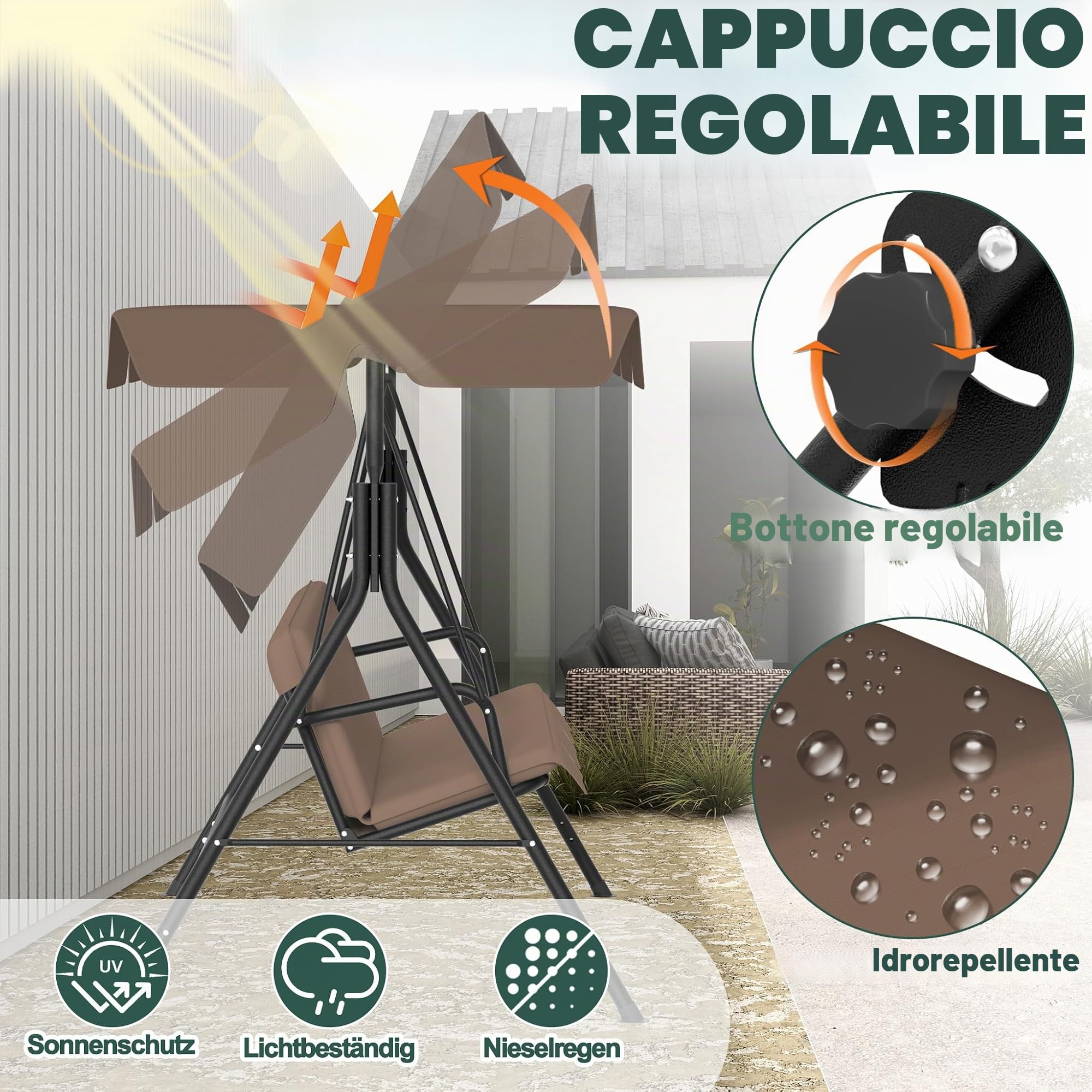 FIVMEN Dondolo da giardino a 3 posti, con rivestimento regolabile sul tetto, panca a dondolo da giardino, altalena sospesa, portata fino a 200 kg, 193 x 110 x 152 cm, marrone
