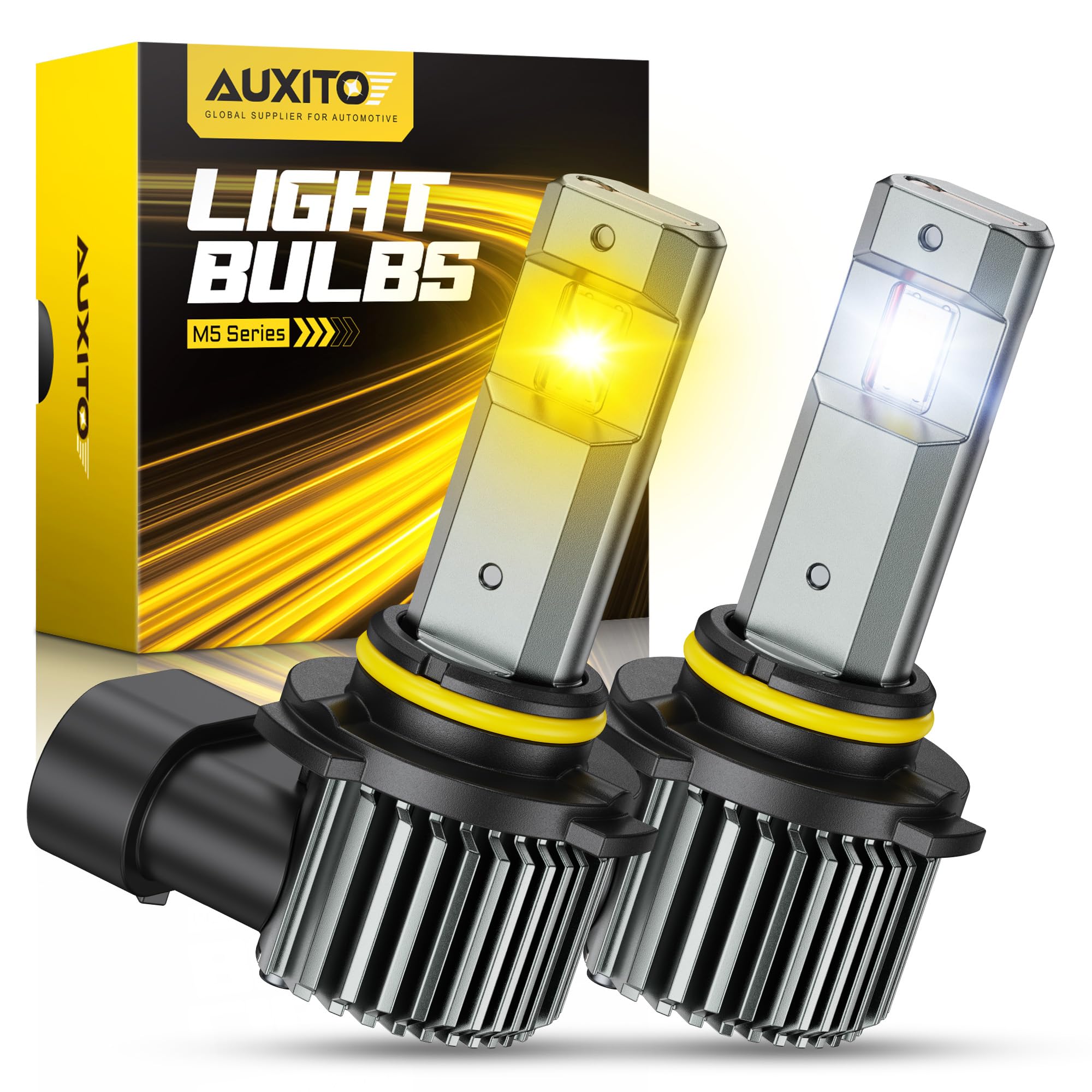 AUXITO 9006 HB4 LED Switchback Bulb, 6500K Cool White &amp; 3000K Amber Yellow, 50000LM Brighter Ultra-Bright, Plug N Play, Long Lifespan, No Flicker, Fit For 99% Vehicles, 2PCS