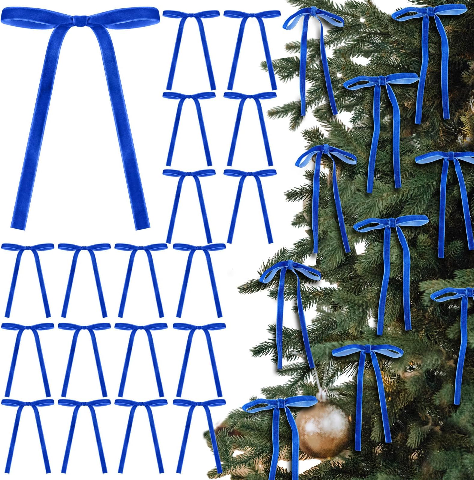 Royal Blue 24 Pcs Velvet Bows Christmas Tree Ornaments Valentines Day Bows Decoration for Garland Home Coquette Wedding Decor (5 x 7 Inch,Width of 3/8")
