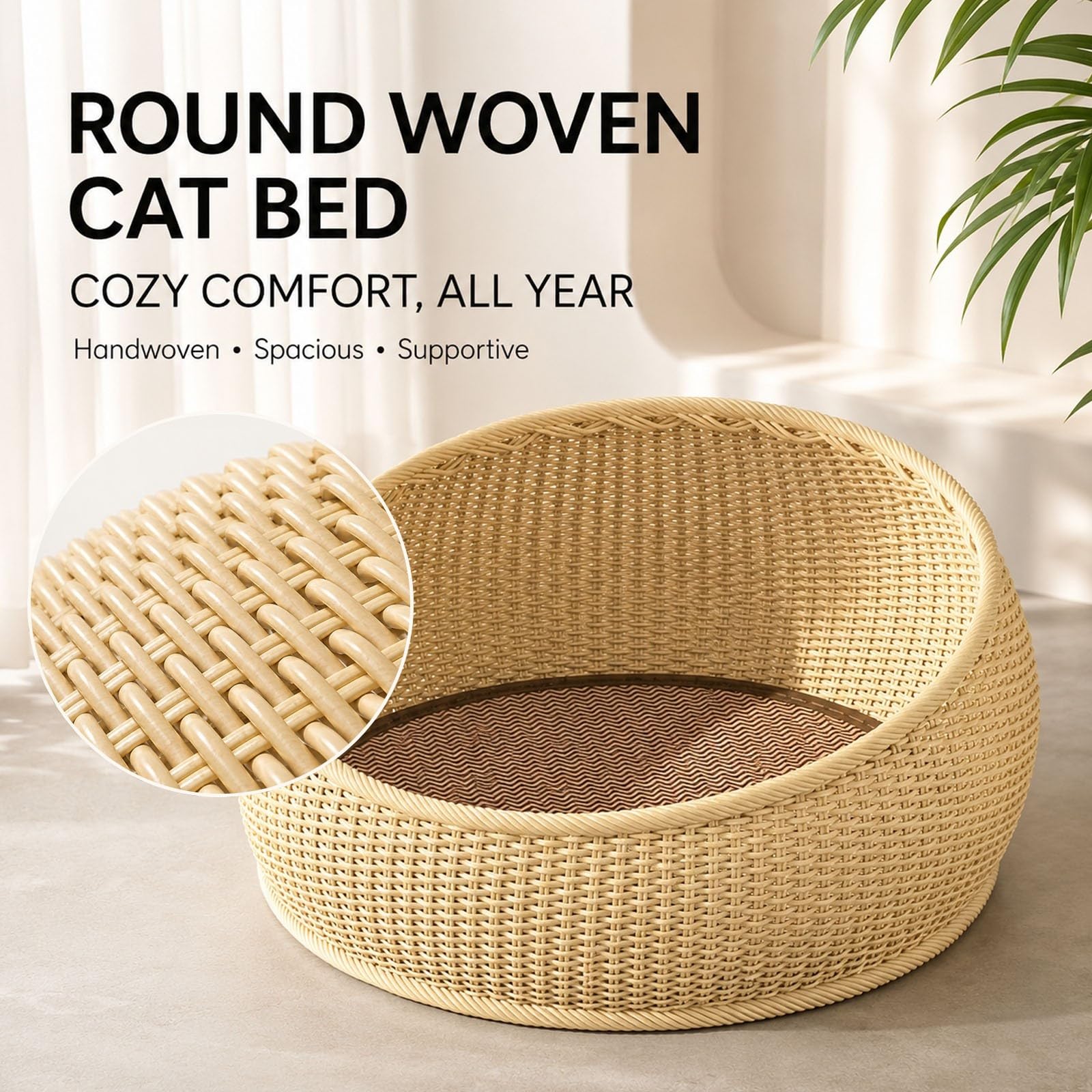 Generico Cuccia Rotonda per Gatti in Rattan Con Cuscino in Cotone, Lavabile