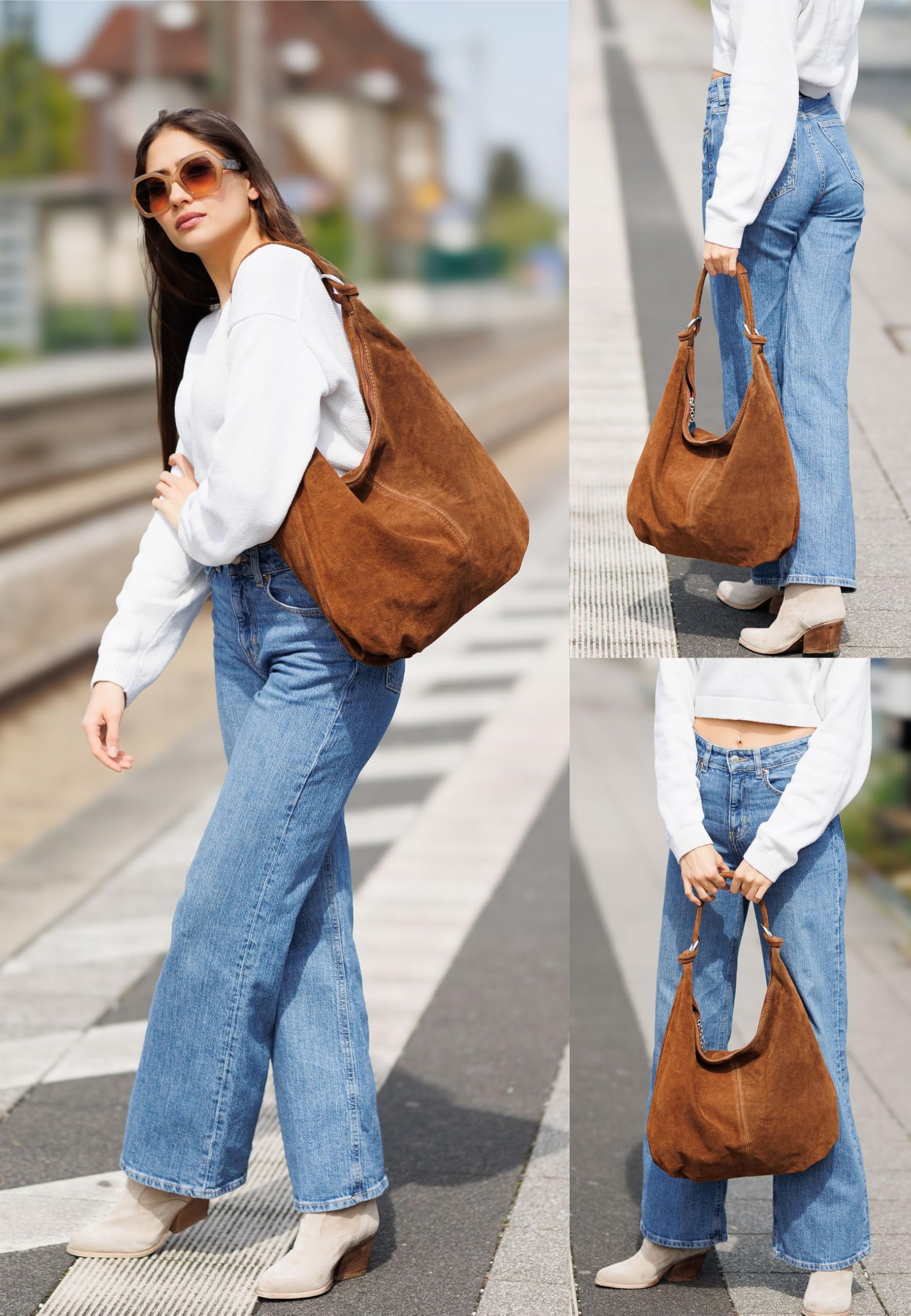 Caspar Große Damen Vintage Veloursleder Tasche Samtweiche Schultertasche aus Leder - CLASSIC LINE - Modell No.617 - Made in Italy