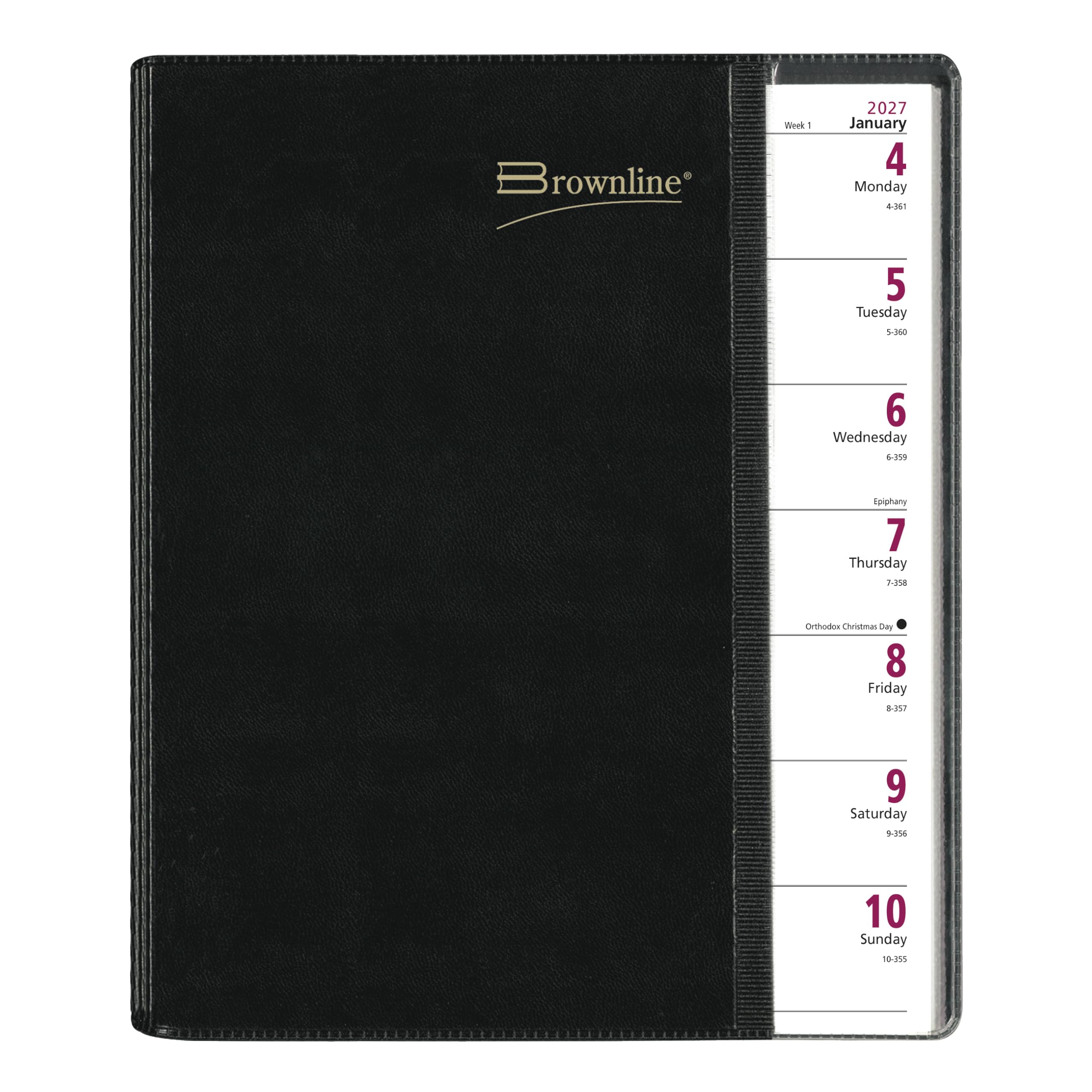 Brownline® 2027 Pre-Vu™ Agenda Settimanale, Copertina Flessibile a Tre Pieghe, Rilegatura a Doppio Filo, Nero (CB925.BLK)
