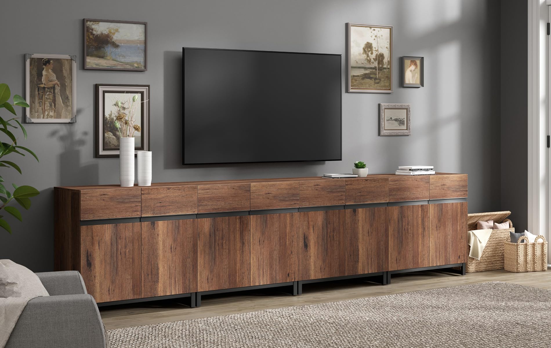 WAMPAT Modern TV Stand for TVs Up to 110 Inch, 4-in-1 Wood Entertainment Center with Adjustable Shelves, Media Console for Living Room, Brown