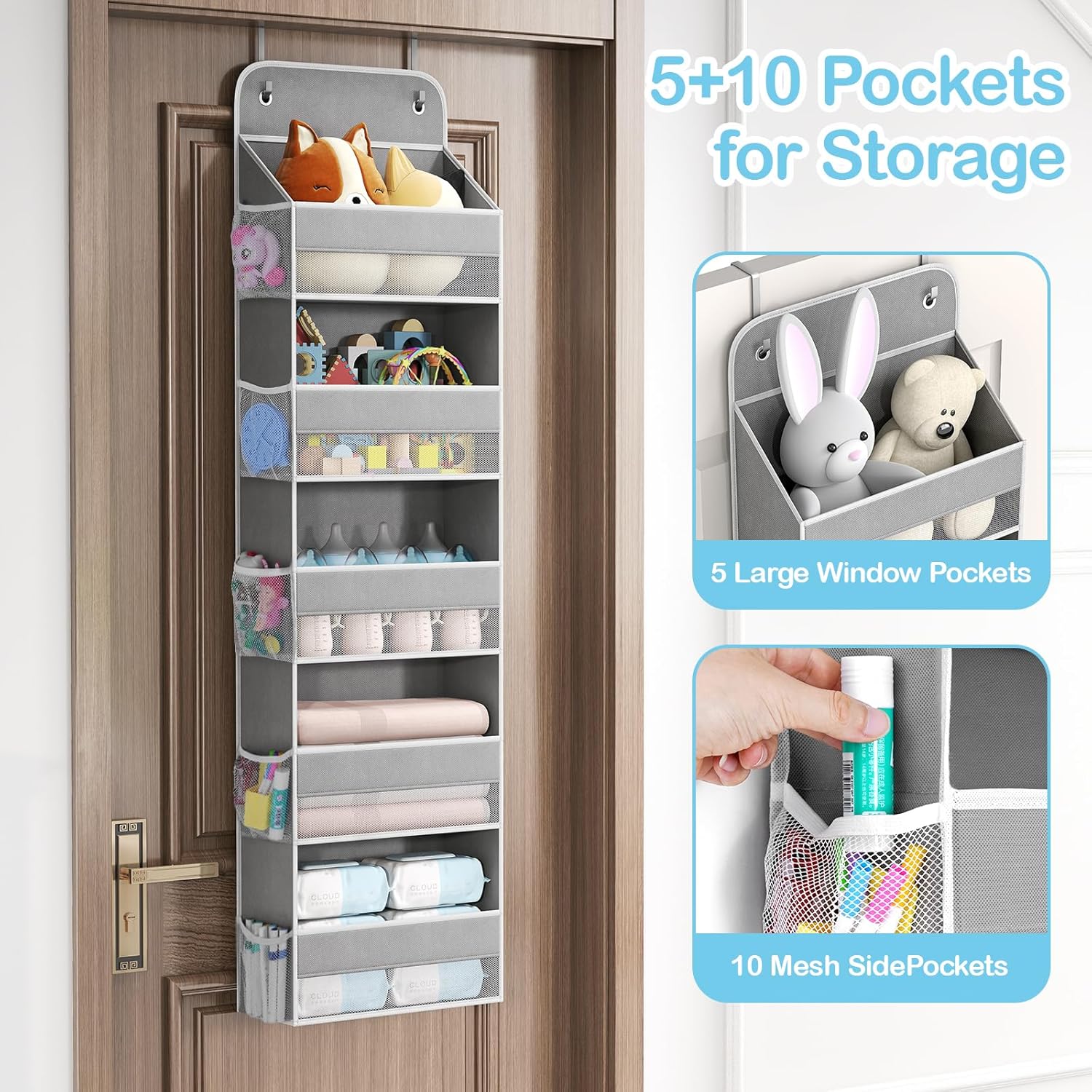 LAMU 5-Tier Over The Door Organizer Hanging, Swing - Proof Closet Behind Door Storage for Baby Clothes, Back of Door Organizers for Bedroom, Nursery and Bathroom, Grey, 2 Pack