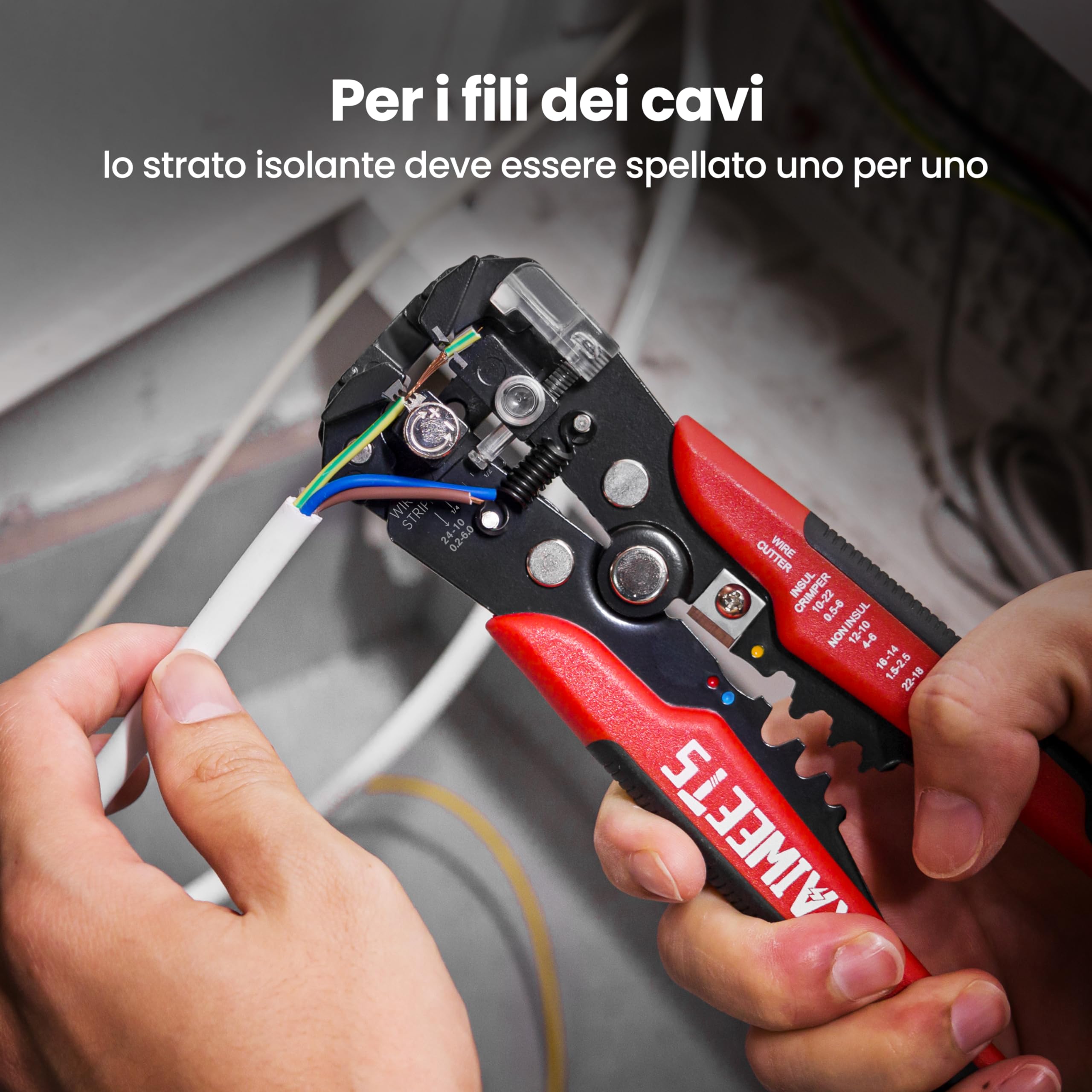 KAIWEETS Pinze Spelafili per Elettricisti, 3 in 1 Automatico Spelacavi Multifunzione, Spelafili e Taglierina, Pinze a Crimpare per Cavi Isolati e Non Isolati KWS 103