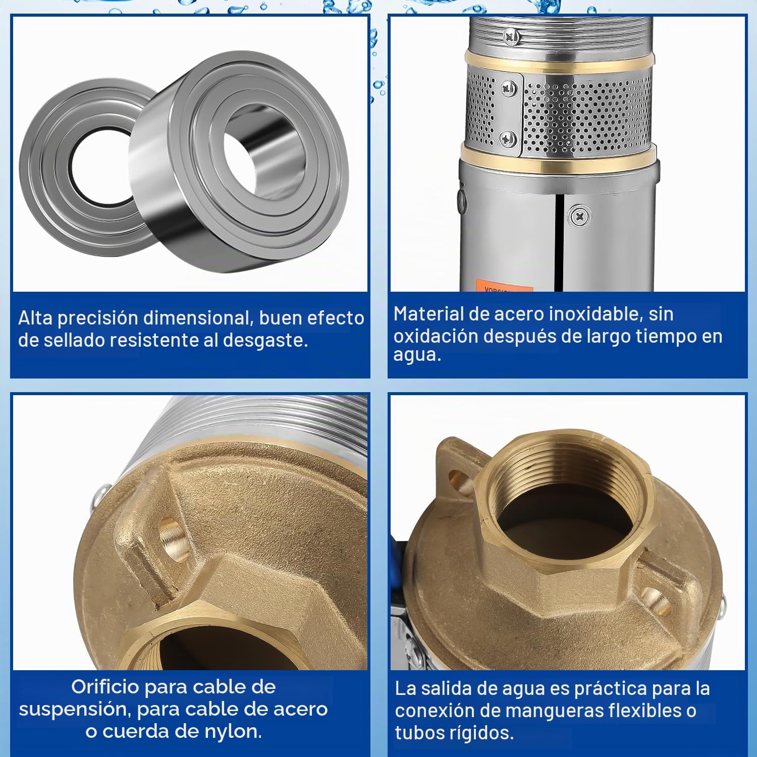 Herrselsam Bomba para pozos profundos, 370W 4000L/h Bomba sumergible de acero, bomba de agua sumergida compatible con arena con cable de conexión y caja de control, 3,4 bar máx