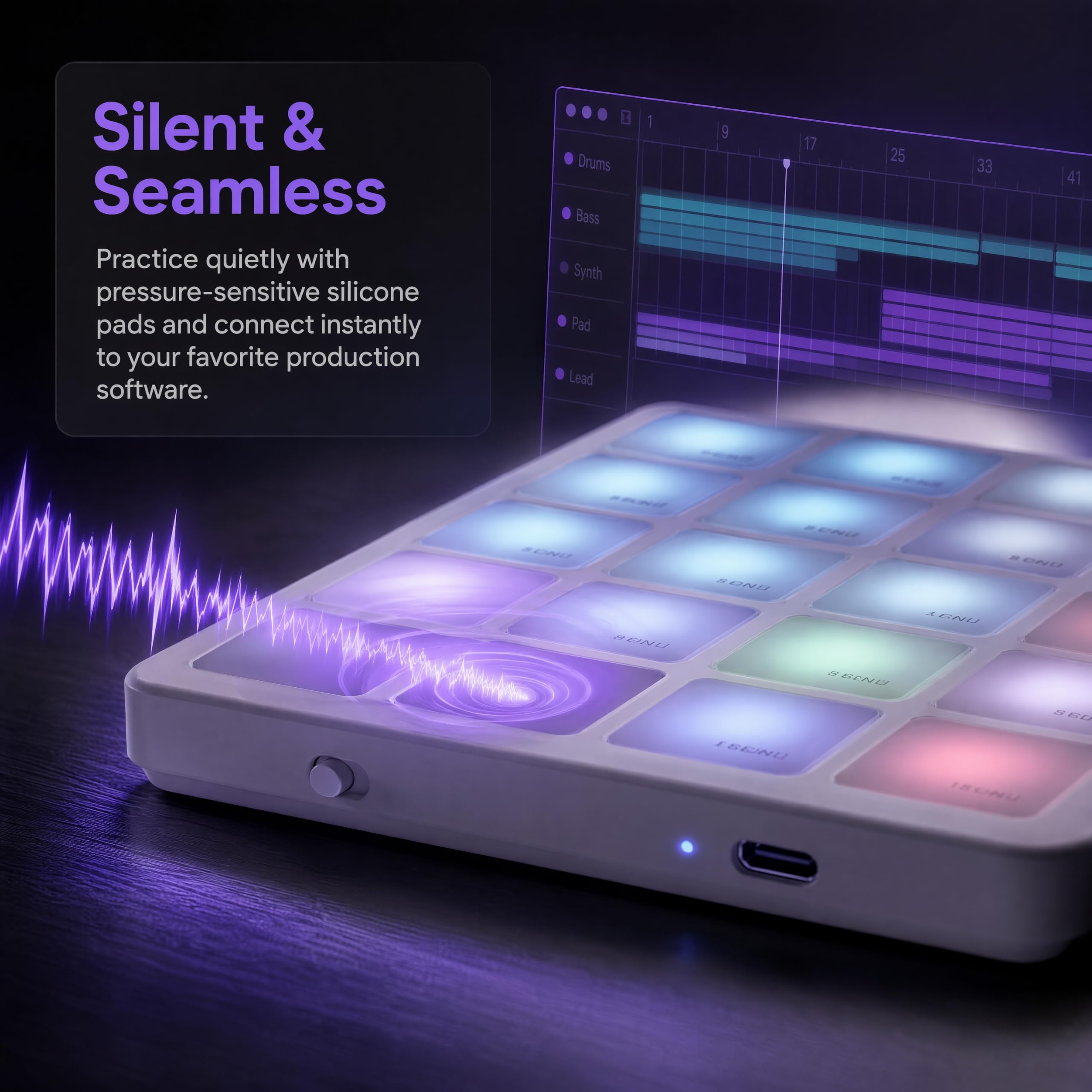 M-VAVE SMC-PAD Pocket PAD - Controlador inalámbrico MIDI de tambor, 16 almohadillas RGB sensibles a la velocidad con Aftertouch, almohadilla MIDI portátil, recargable, repetición de notas, para DAW