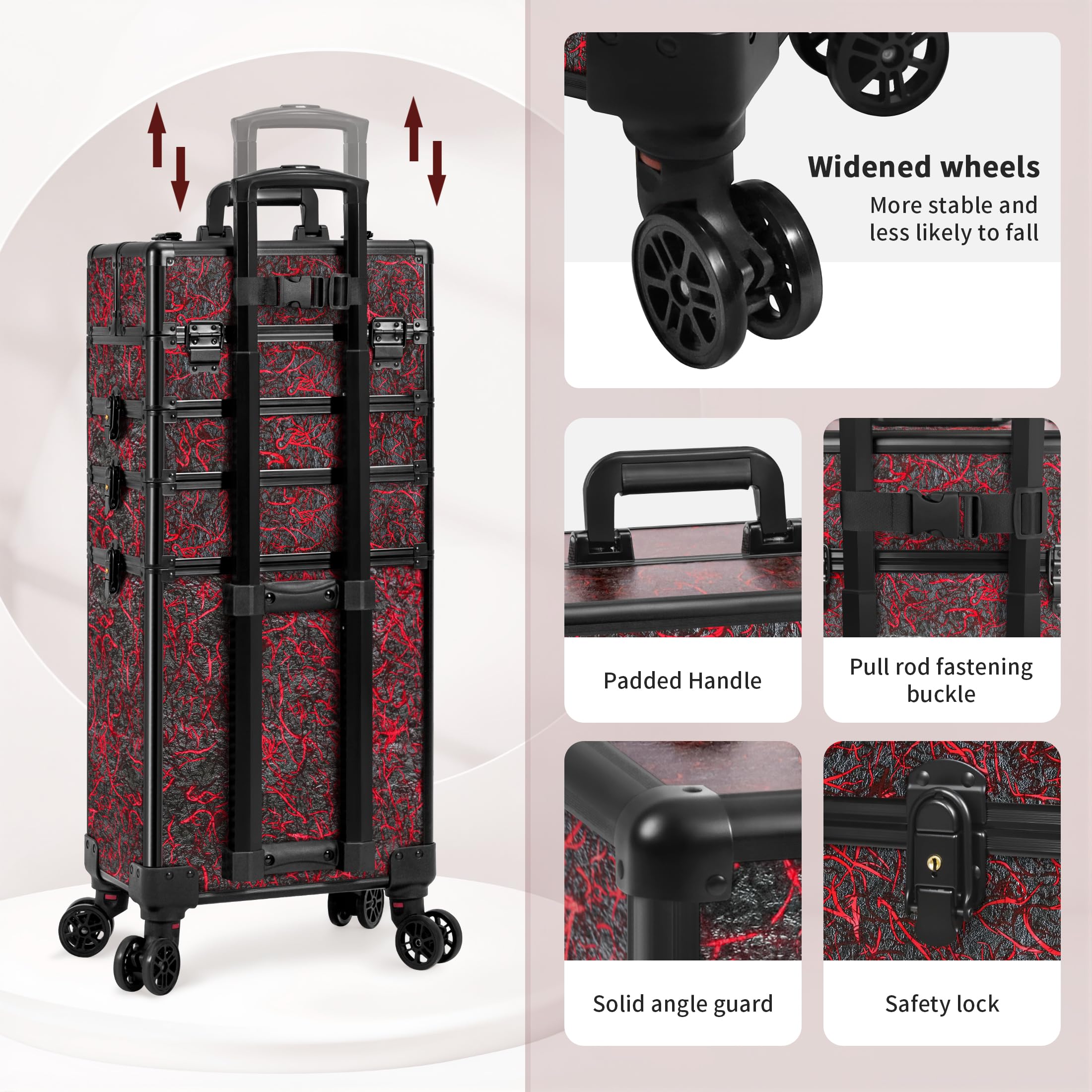 Arous 5-in-1-Kosmetik-Trolley mit Rollen, Abschließbar, für Friseure, Künstler, Reisen, Nägel, Rot, Make-up-Tasche zum Rollen