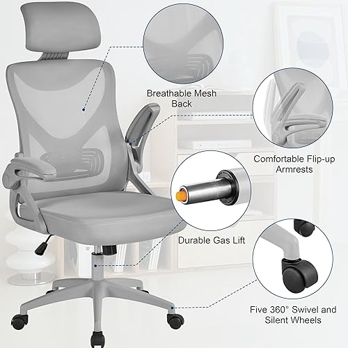 Miniatura 5 de Yaheetech Silla de oficina ergonómica de malla, silla de escritorio con respaldo alto con reposabrazos abatibles, silla de computadora acolchada