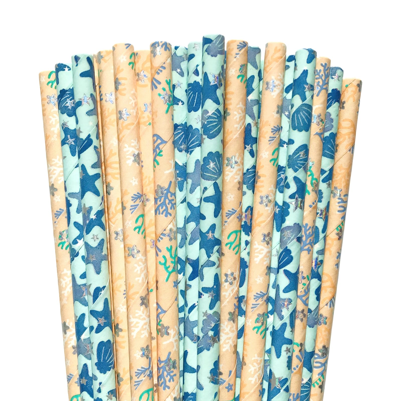 100 pcs Under The Sea Party Paper Straws, Blue Green White Coral Starfish Scallop Animal Drinking Straws, Summer Birthday Baby Shower Ocean Beach