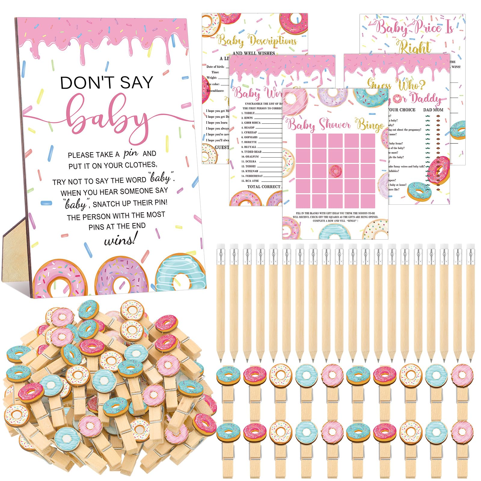 Patelai 321 Pcs Baby Sprinkle Decorations for Girl Sprinkled Baby Shower Donut Games Bingo Price Don't Say The Word Who Mom Clothespin for Pink Blue