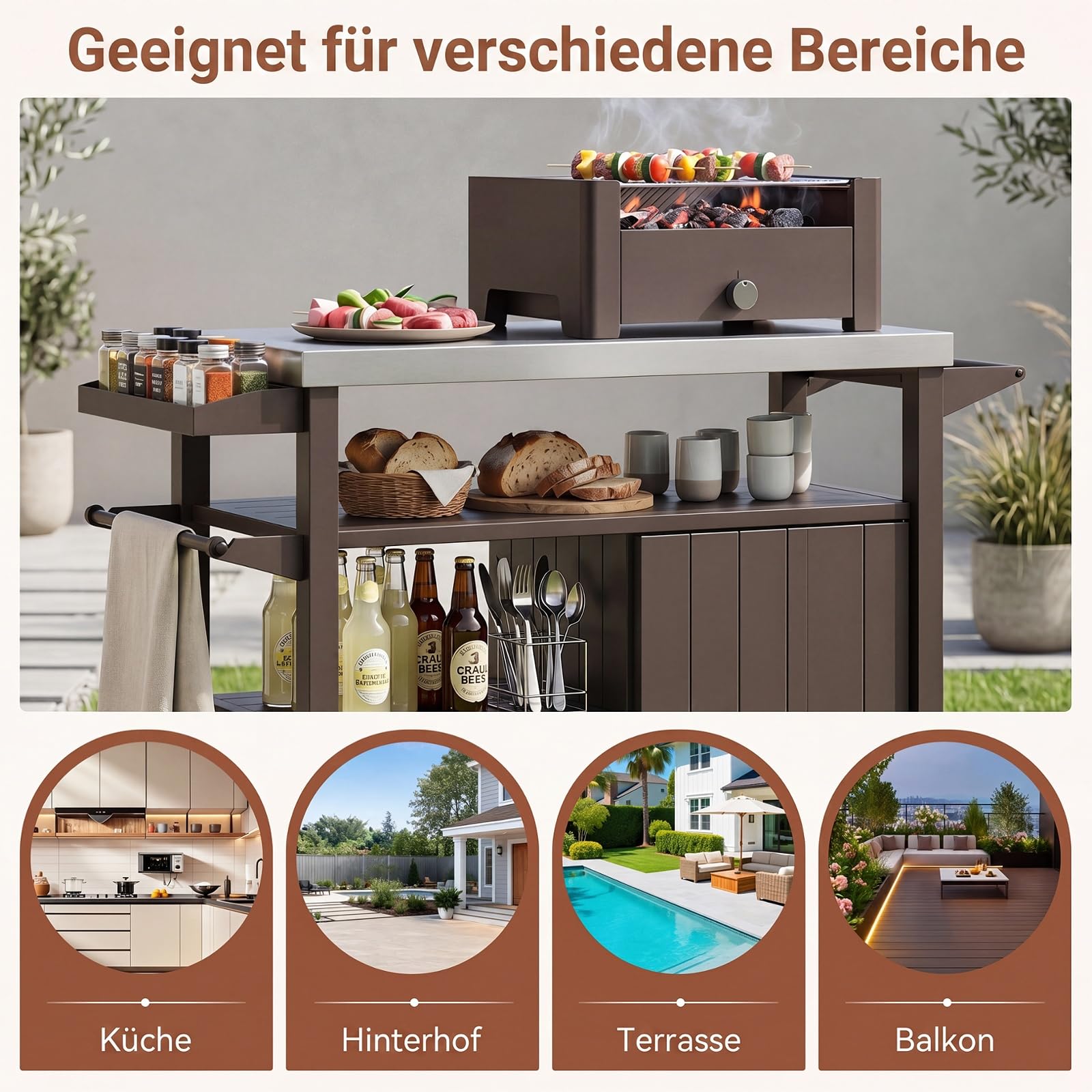 COSTWAY Grillwagen Outdoor, Grilltisch auf Rollen, Servierwagen mit Edelstahlarbeitstisch, 3 Ablagen, Schrank, Gewürzregal & Griff, Beistelltisch für BBQ, Hinterhof Garten Terrasse, Metall, Braun