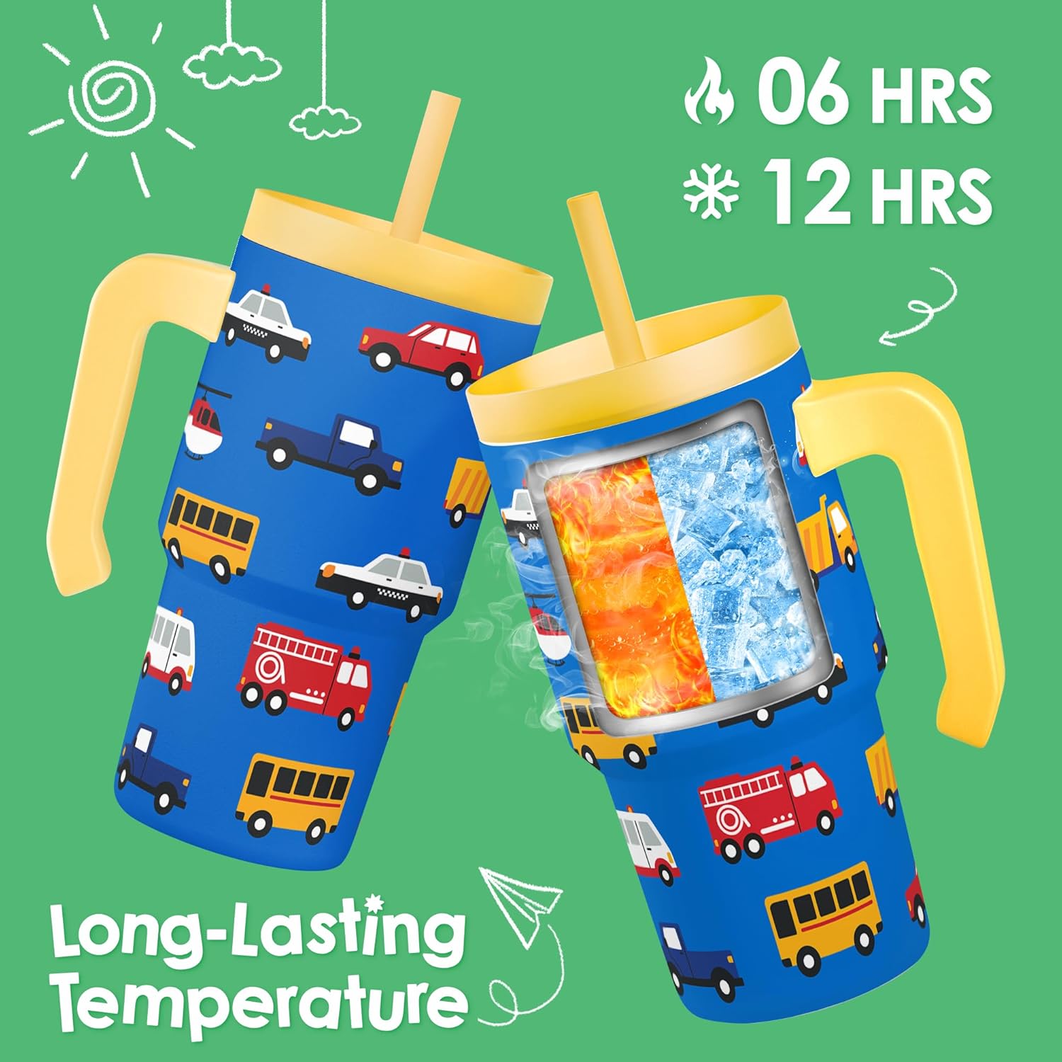 Transportation Tumbler 20oz with Handle and Silicone Straw Lid for Kid, Insulated Stainless Steel Cup, Gift for Kids Boys, Gifts Idea for Birthday Christmas Back to School - Image 4