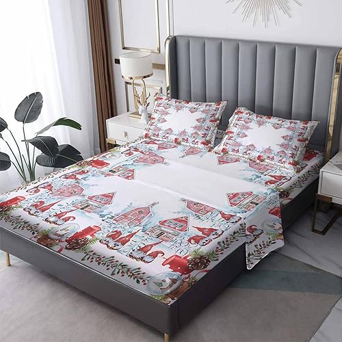 Sábanas temáticas navideñas tamaño California King, sábanas de Navidad, sábanas y fundas de almohada estampadas de 4 piezas, sábana bajera ajustable