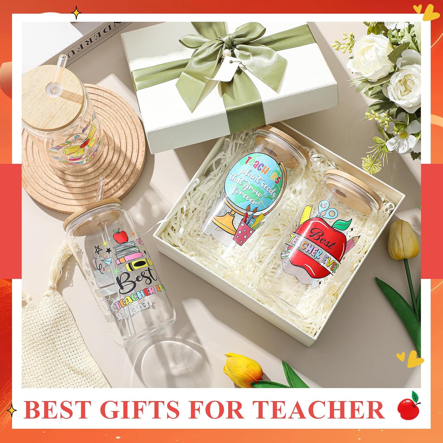 Zubebe 4 Pcs 16 oz Teacher Appreciation Gifts 2026 Graduation Gifts for Women Men Thank You Teacher Gift Glass Coffee Cups Tumbler with Bamboo Lids, Glass Straw and Cleaning Brush(Funny)
