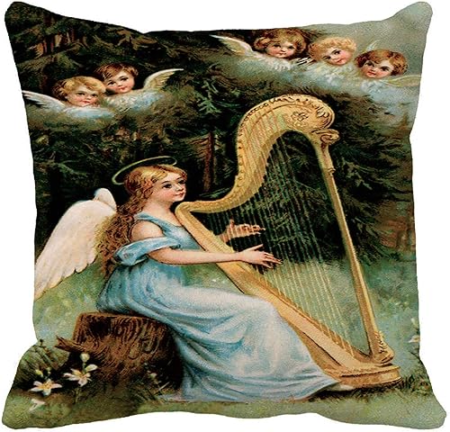 Funda de almohada con diseño de ángel de Navidad a 1919, diseño vintage victoriano, ángeles actuantes, antiguos, querubines brillantes, 20 x 20