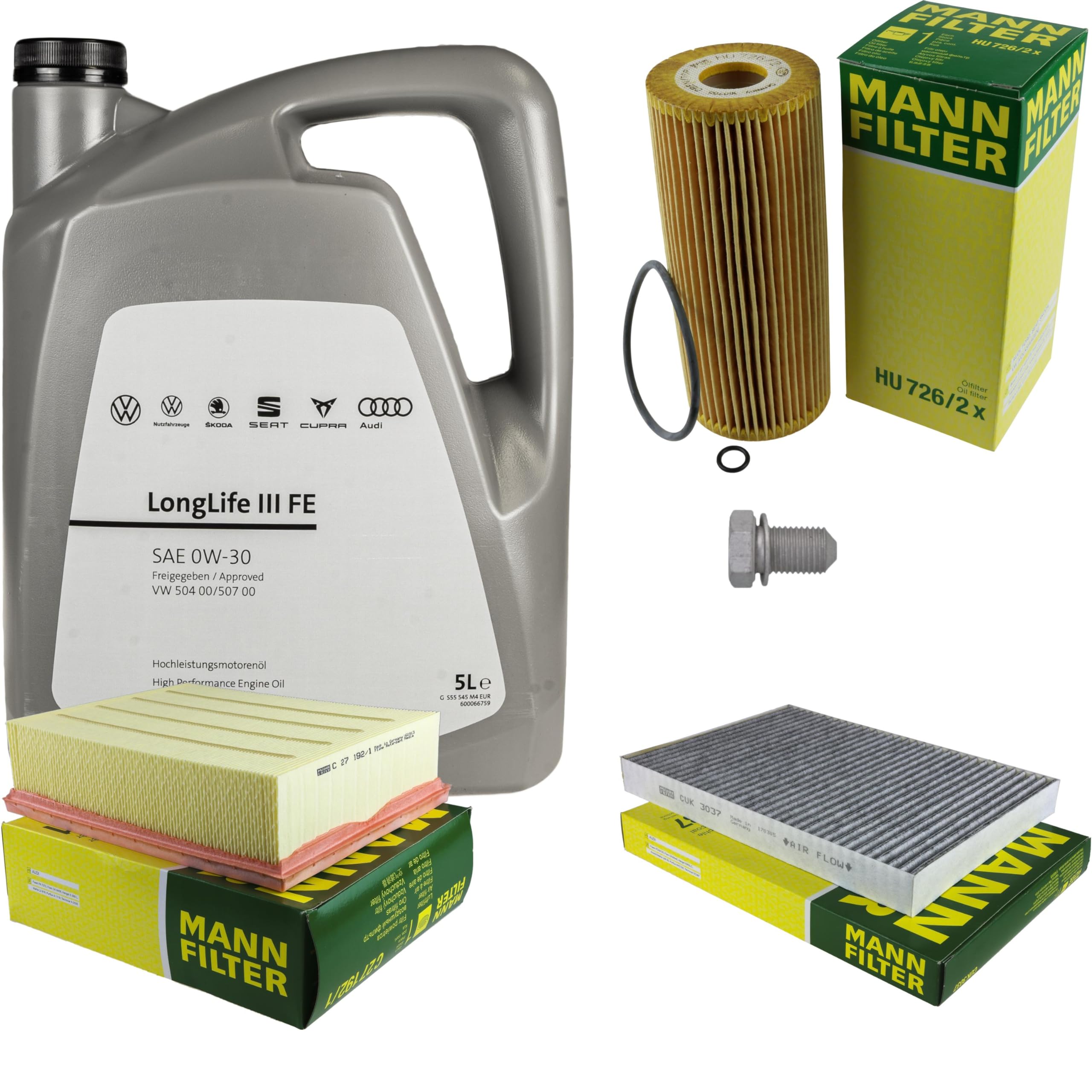 Pacchetto di ispezione pacchetto di manutenzione filtro con 5 l 0W-30 olio motore LongLife 3 FE, filtro dell'olio, filtro dell'aria abitacolo (carbone attivo) vite di scarico dell'olio