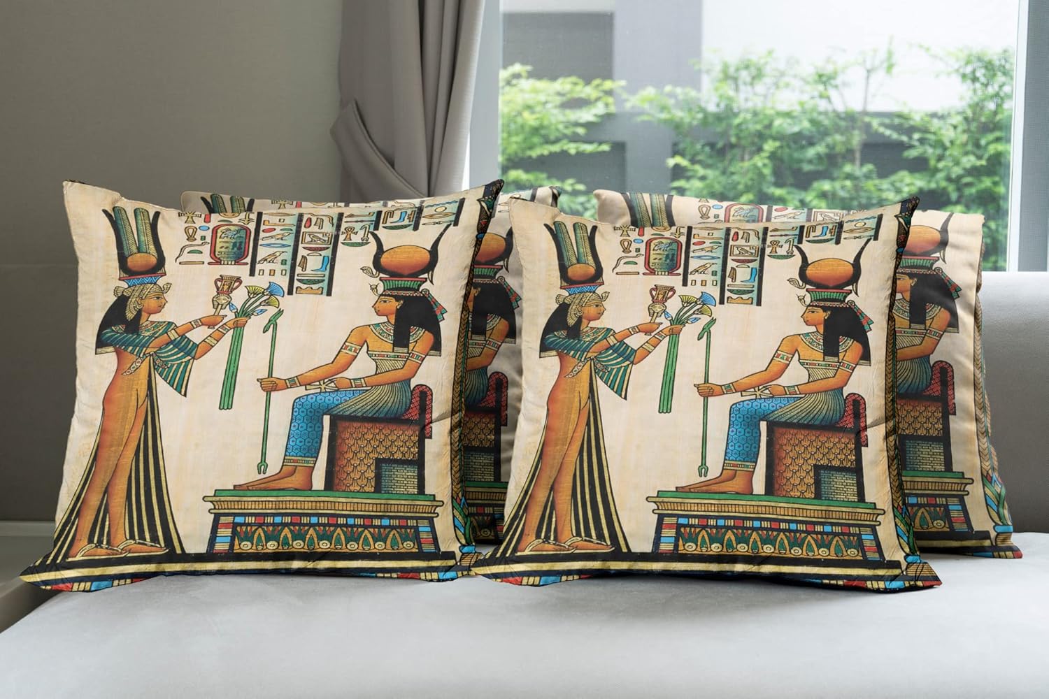 Ambesonne Egyptian Throw Pillow Cushion Case Pack of 4, Old Papyrus Depicting Queen Nefertari Historical Empire Artwork, Modern Accent Double-Sided Digital Printing, 18", Beige Orange