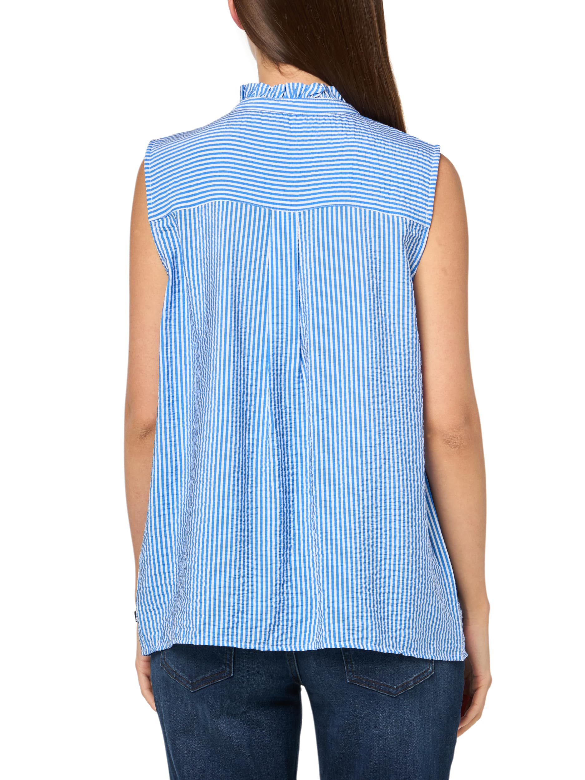 Nautica Damen Sleeveless Pintuck Ruffle Neck Tile Print Striped Shirt Ärmelloses Hemd mit Biesen, Rüschenausschnitt, Fliesendruck, gestreift
