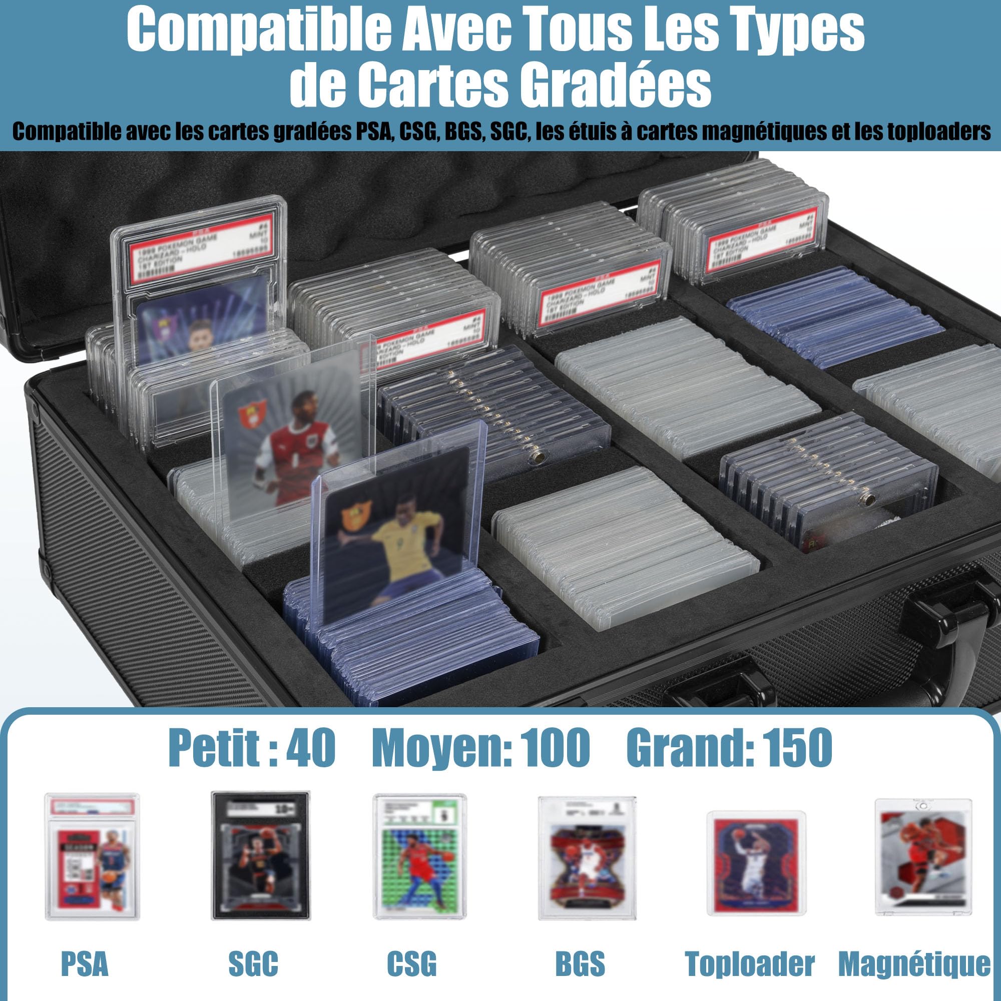 Boîte de Rangement pour Cartes Gradées avec Séparateurs Mousse, 150 Cartes | Boîte de Cartes avec en Alliage d'Aluminium pour PSA/BGS/SGC/CSG, Card Storage Box avec Serrure