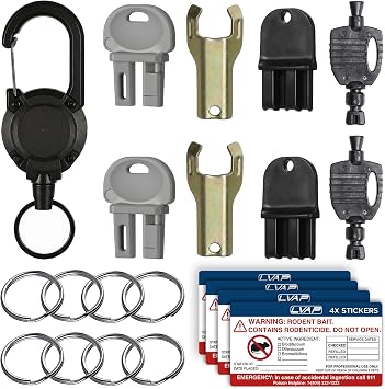 8 Pack Rodent Bait Station Keys for Protecta LP, EVO Protecta, Aegis Mouse Bait Station, Bell Labs, EZ-Clean, Heavy-Duty Plastic Assorted Replacement with 8 Key Rings & 4 Warning Labels.