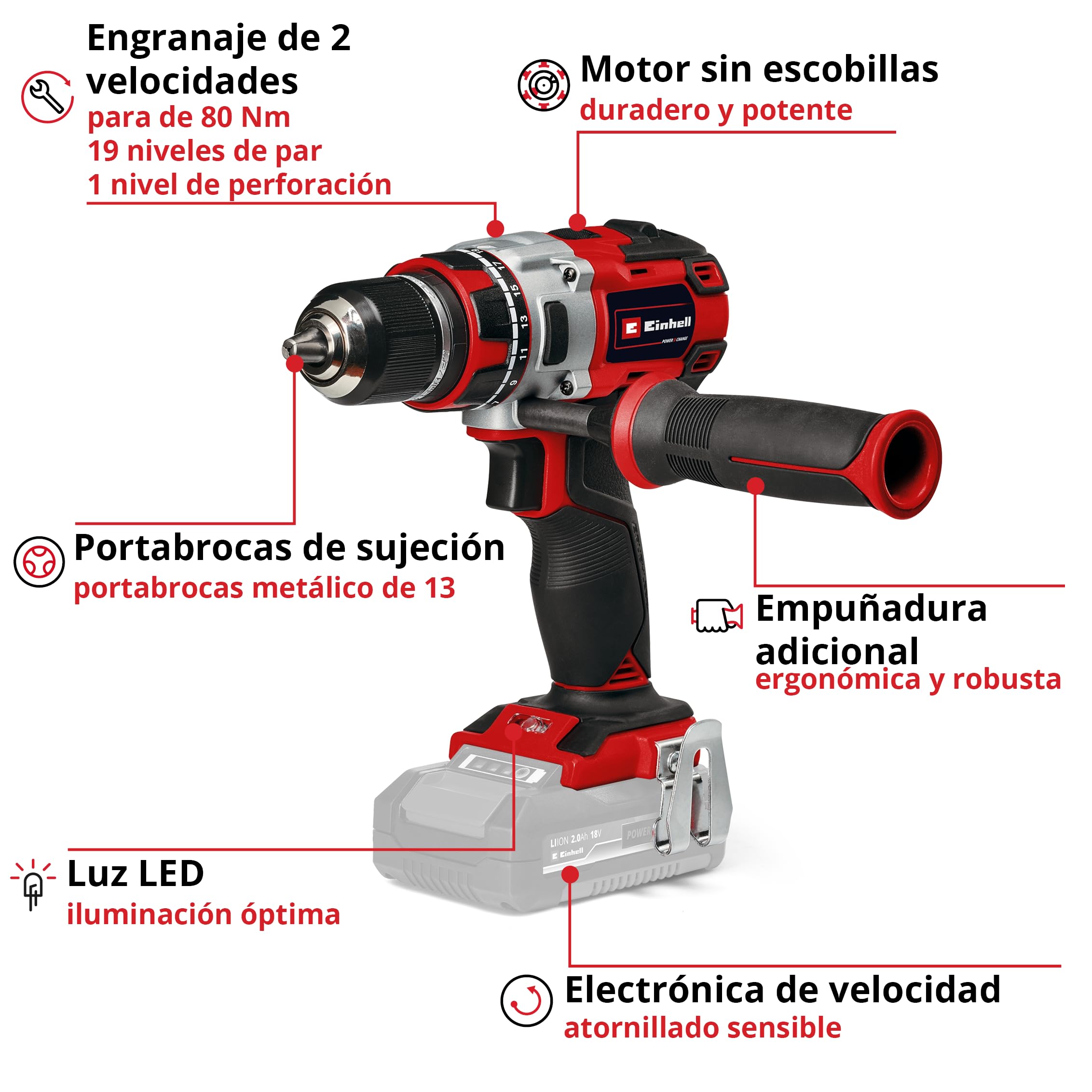 Einhell Professional Taladro con battería TP-CD 18/80 Li BL-Solo Power X-Change (1V, sin escobillas, 80 Nm, portabrocas de 13 mm, 2 marchas, 19 niveles de par, etapa de perforación, sin batería)