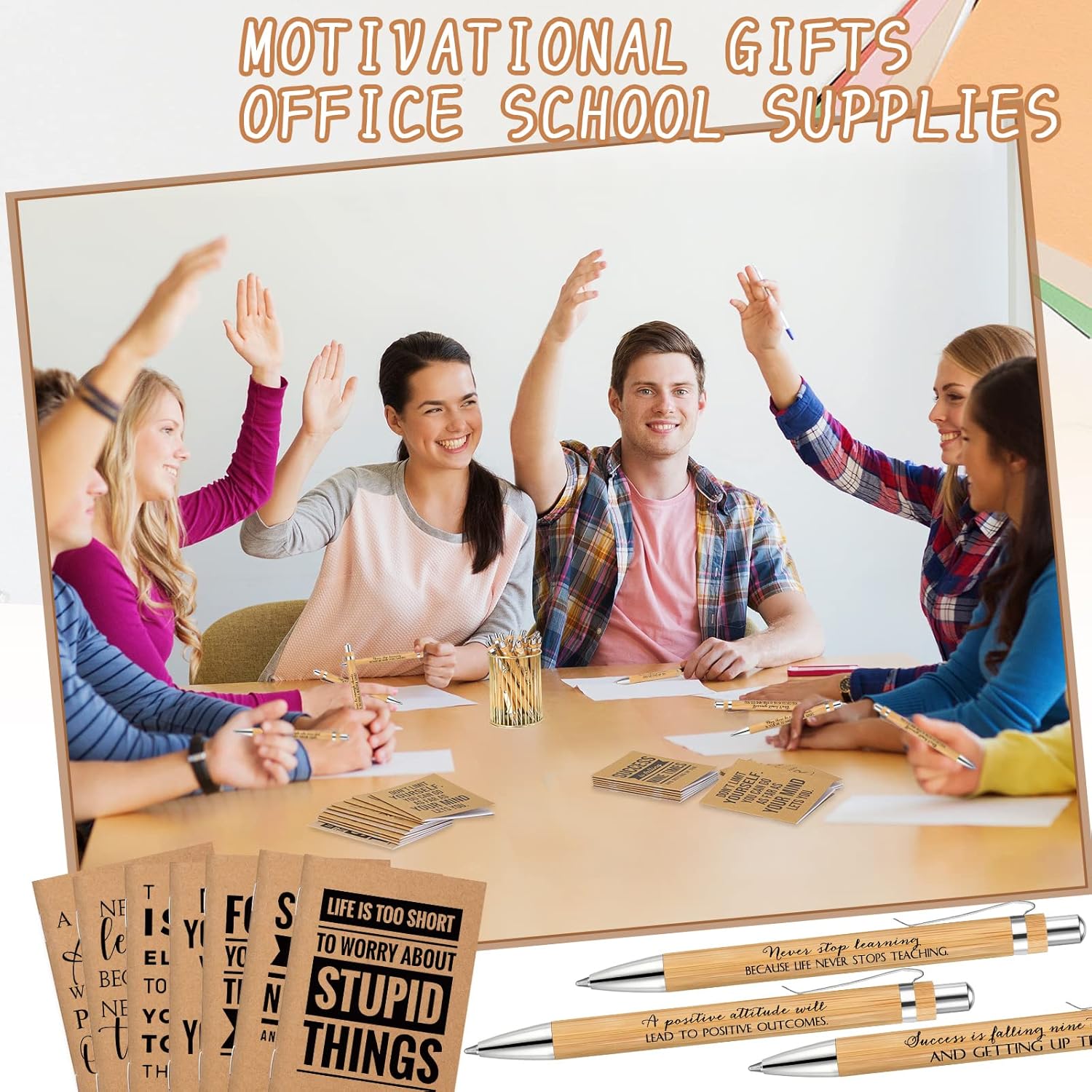 PerKoop Employee Appreciation Gift Bulk 3"×5" Small Inspirational Notebook Motivational Bamboo Pen Thank You Gift Kraft Pocket Journal Notepad for Coworker Team Staff Secretary(200 Pcs,Brown,Quotes)