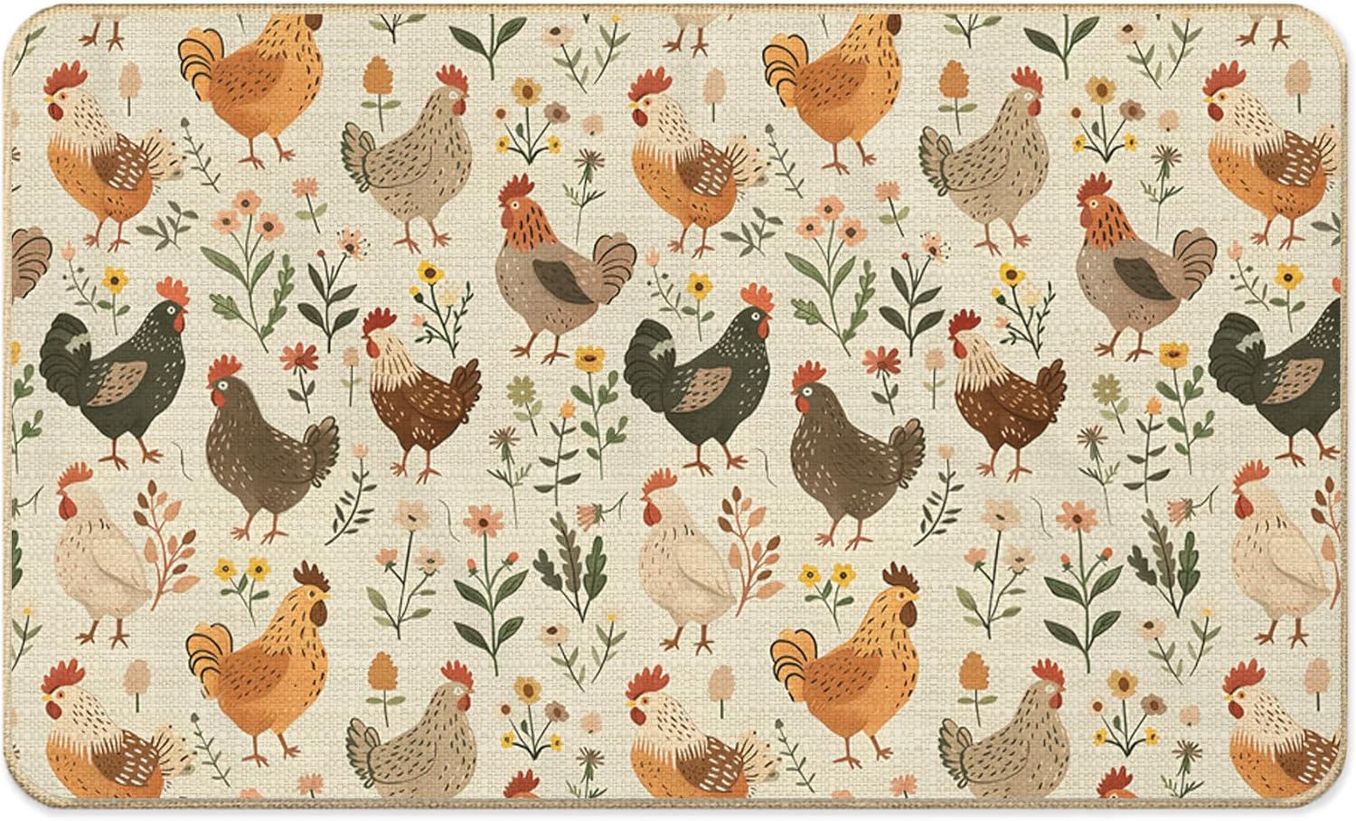 Floral Chicken Faux Linen Door Mat, Rustic Chicken Botanical Doormat Outdoor Indoor Entrance Porch, Farmhouse Rooster Hen Flower Welcome Mats for Front Door, 17x30 Inch