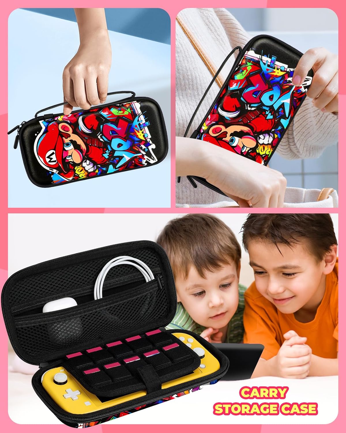 Xinocy Carrying Case for Nintendo Switch Lite 2019 Travel Carry Cases for Kids Boys Teen Girls Cute Kawaii Design Aesthetic Portable Hard Shell Covers Pouch Storage Bag for Nintendo Accessories - Image 6