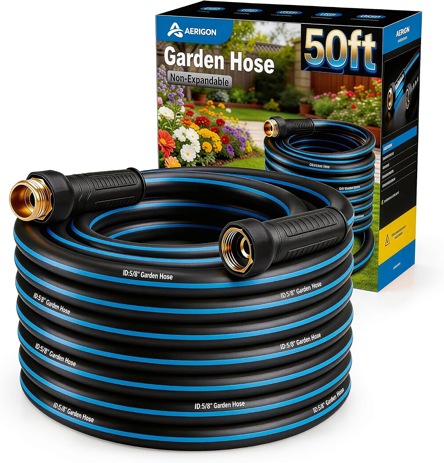 Heavy Duty Rubber Garden Hose 5/8" x 50FT, Non-Expandable Kink-Free Water Hose with Leak-Proof 3/4" Fittings for Yard Lawn and Car Wash
