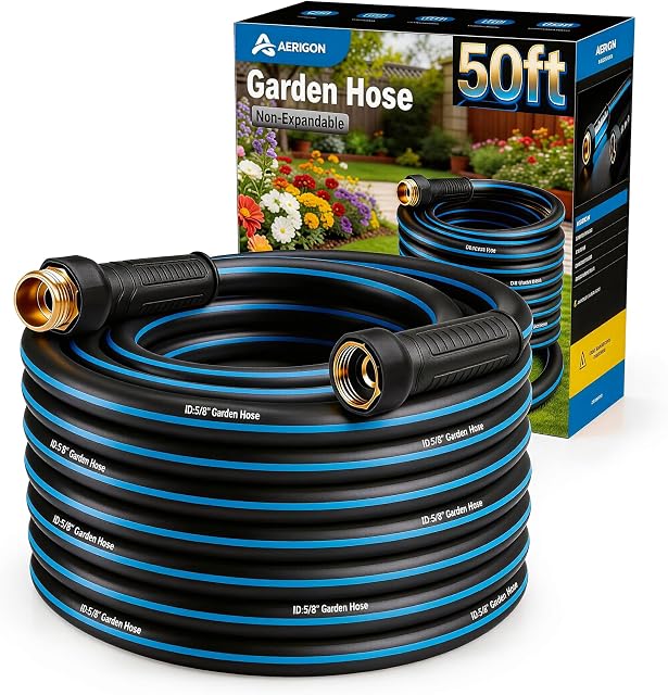 Caoutchouc lourd de jardin 5/8" x 50FT, Tuyau d'eau non extensible avec robinet de 3/4" pour pelouse et lave- voiture