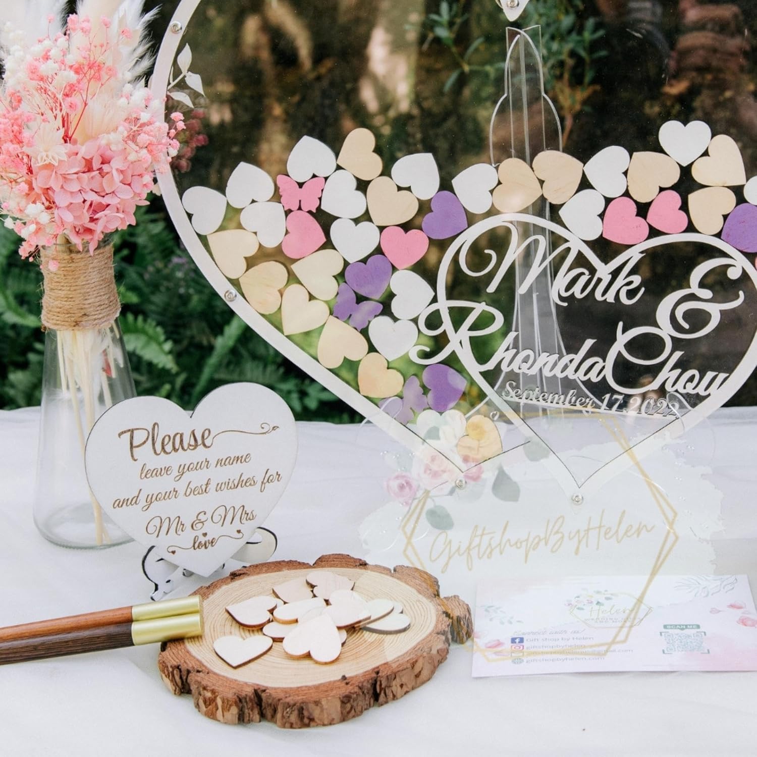 Personalized Wooden Heart Drop Box Wedding Guest Book Alternative Frame | Rustic sign-in keepsake, drop-in hearts with custom names and date; unique wedding shower gift and reception decor