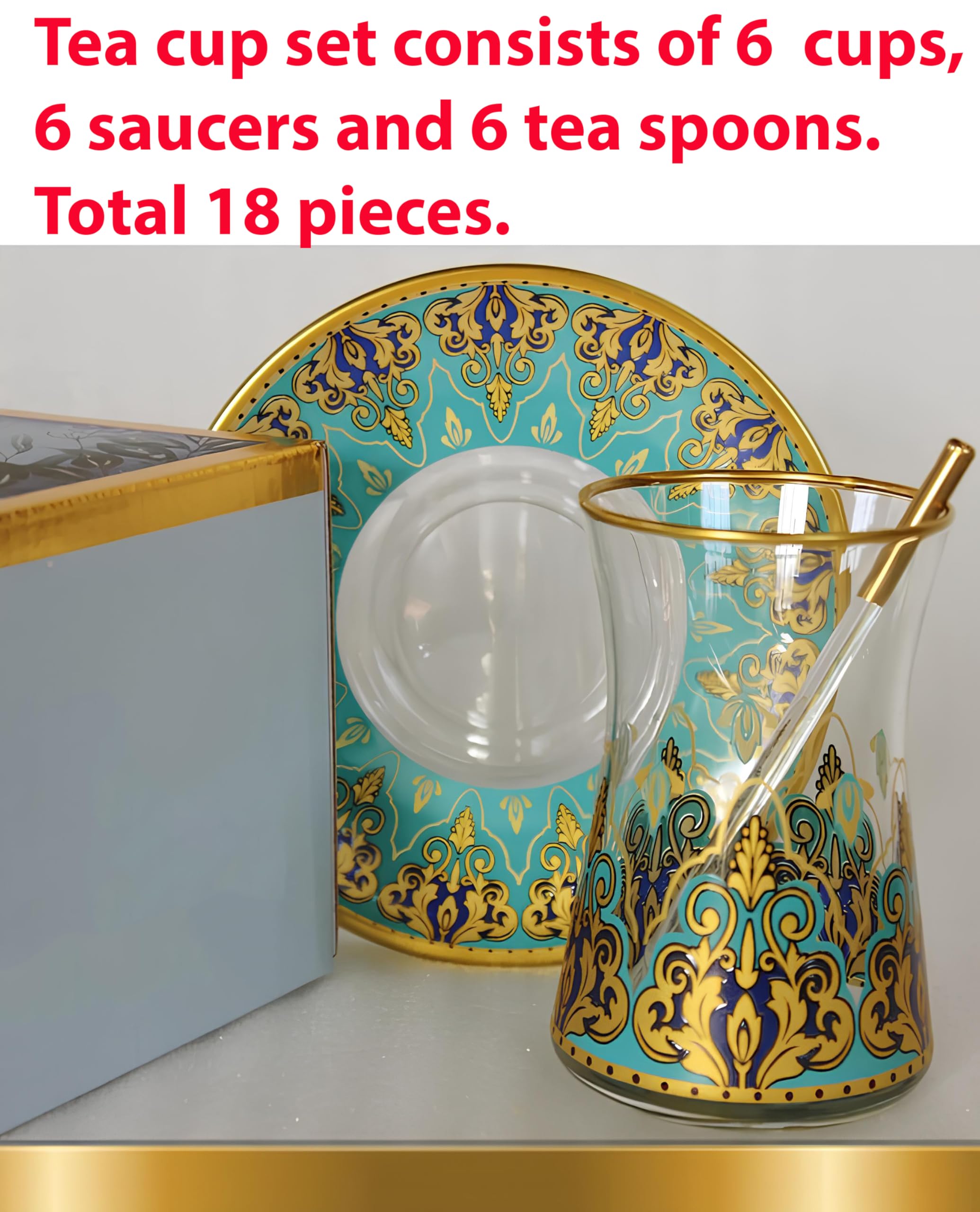 Vasos de té turco hechos a mano con platillos, tazas de té turco antiguas, juego de 6 vasos de té vintage, vasos de té árabe, vasos elegantes árabes para fiestas de mujeres, vidrio persa y