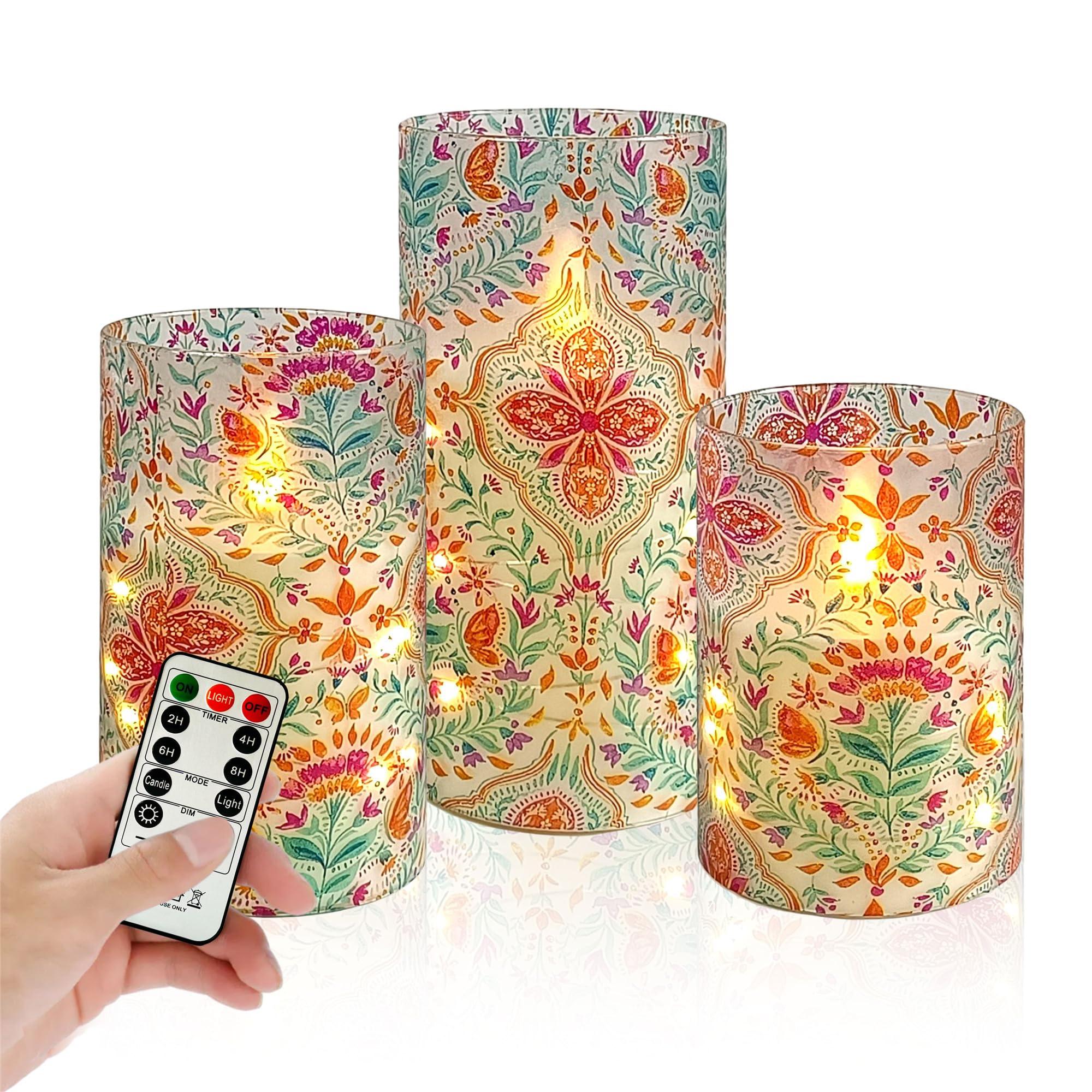 Printed Flameless Candles with String Lights - Set of 3 Colorful Battery Operated Candle Flickering Floral LED Pillar Candles with Timer Remote for Home Decor Romantic Ambiance,BFLY