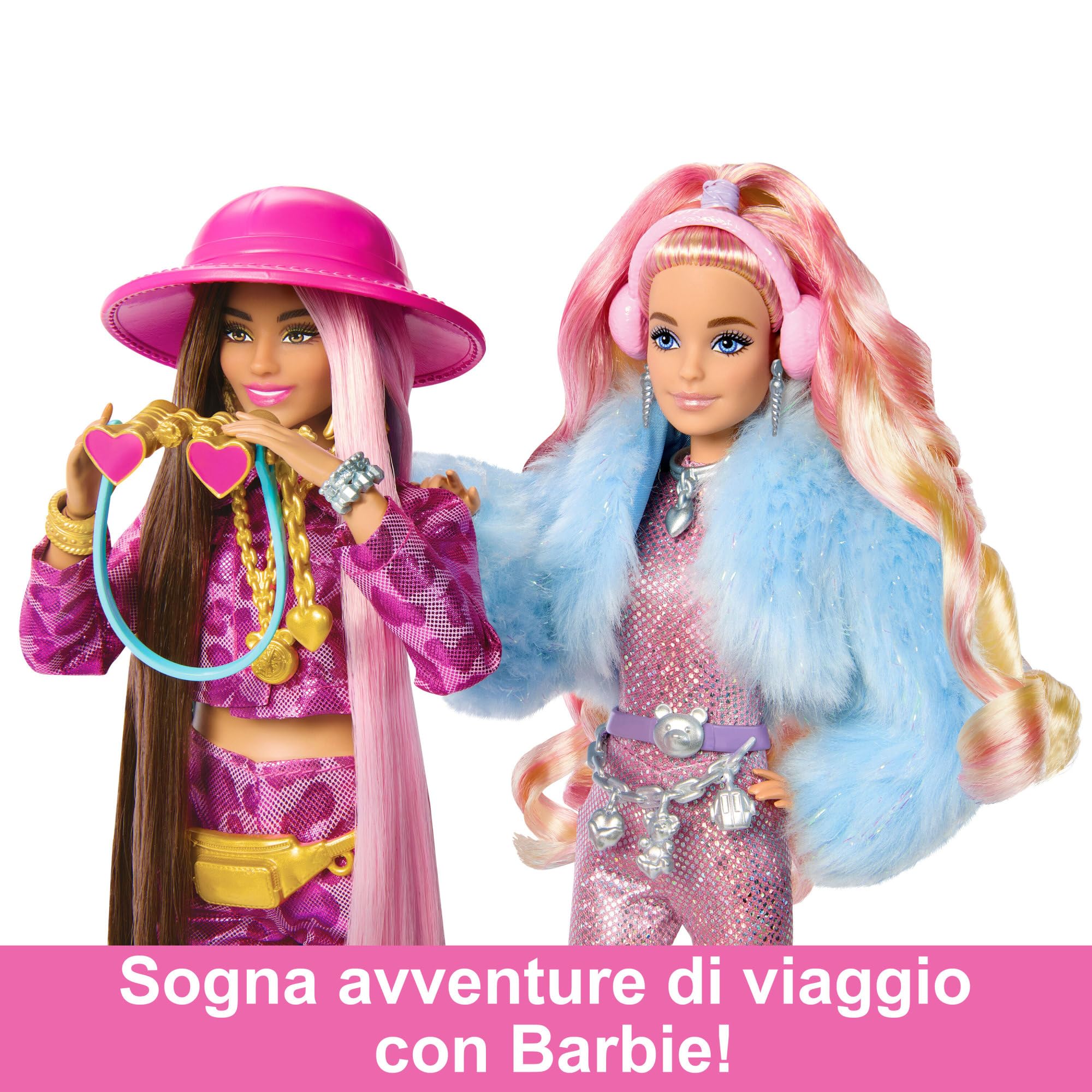 Barbie - Extra Fly, Bambola con Look Safari, Abito Rosa alla Moda con Stampa Animalier e Valigia Rosa, 15+ Accessori a Tema Inclusi, Giocattolo per Bambini, 3+ Anni, HPT48