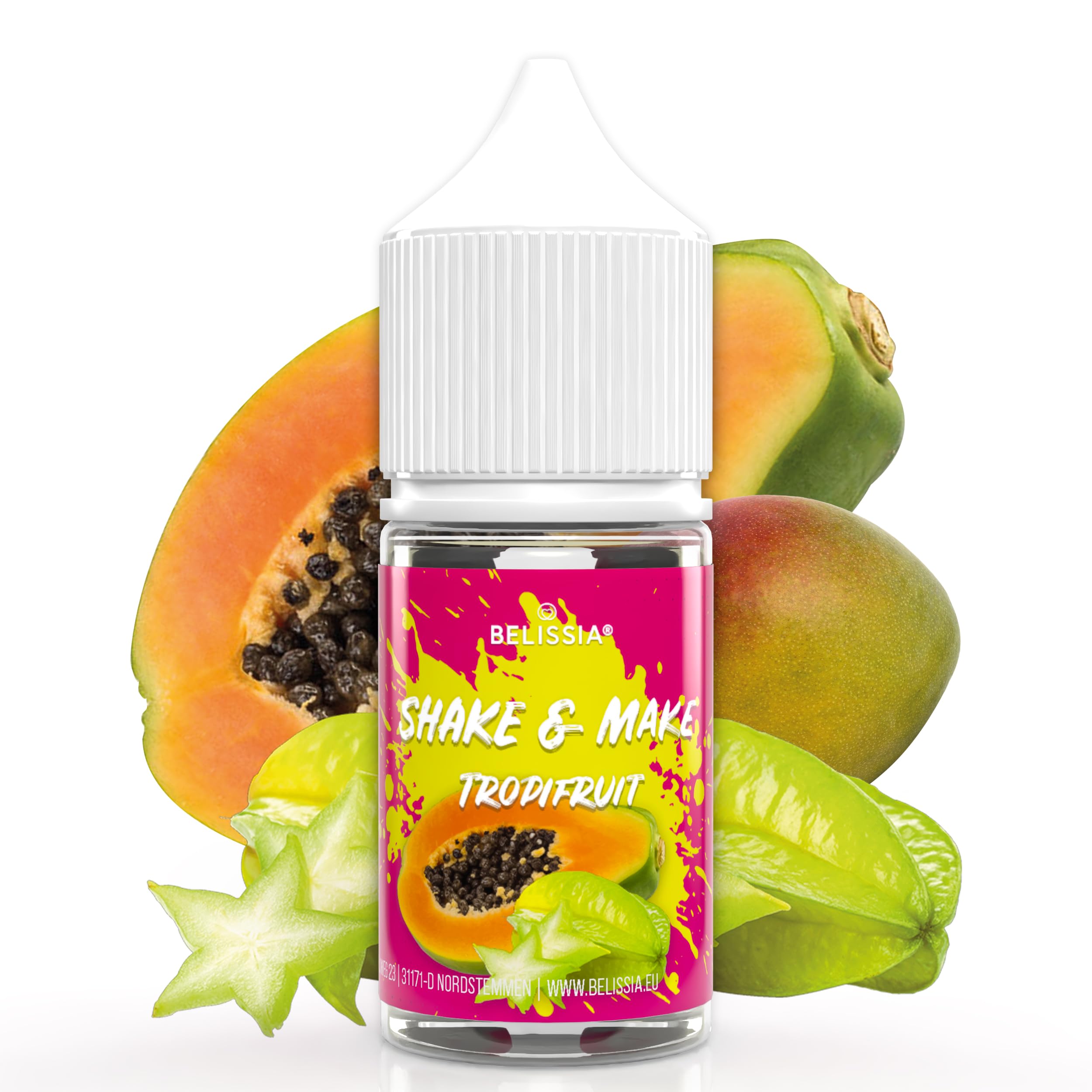 Belissia Shake and Make - Geschmack Tropifruit - 30ml hochdosiertes Lebensmittelaroma - zum Nachfüllen - Für Backen, Speisen, Getränke, Shakes, DIY & Raumduft - Vegan & ohne Zusatzstoffe