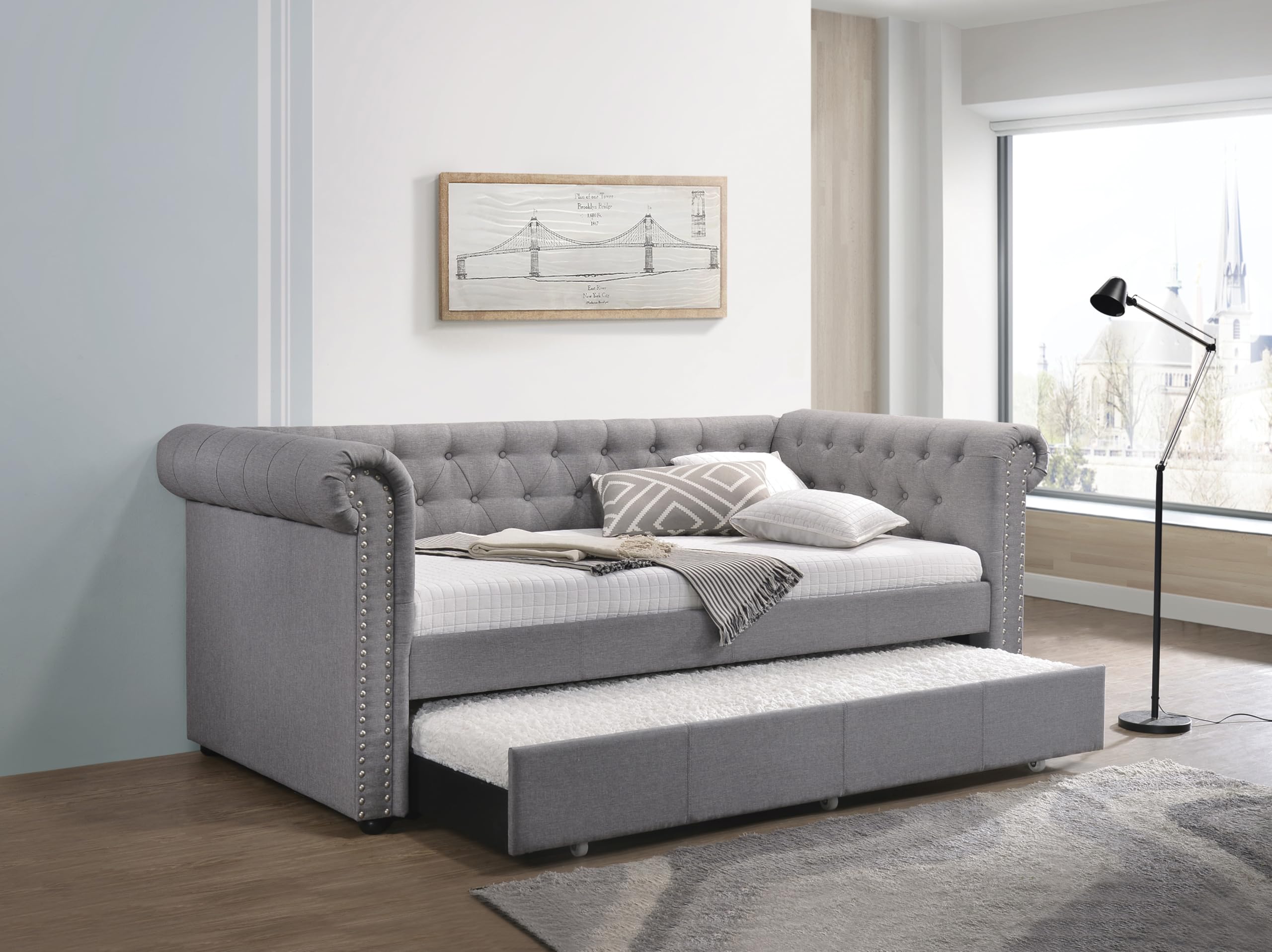 Strawberry Fairy Space-Saving Solution with Fabric Daybed and Trundle, Fully Padded Design, Chesterfield Style, Convenient Roll-Out Feature, Smoke Gray