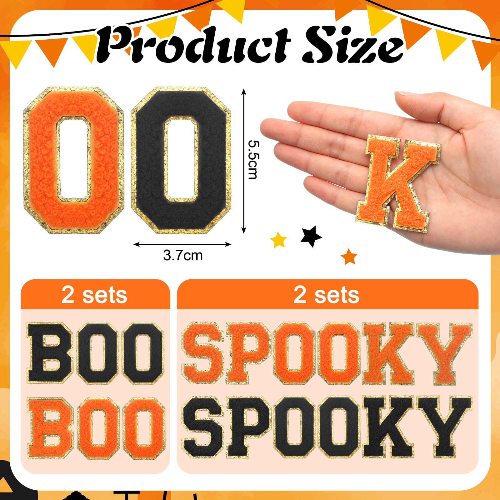 Condition photo showing New/Like New for 24 Pcs Halloween Boo Spooky Iron on Patches Self Adhesive Sew on Boo Spooky Chenille Letter Patches Glitter Halloween Black Orange Appliques for DIY Clothing Hat Backpack Jacket Pant Decor